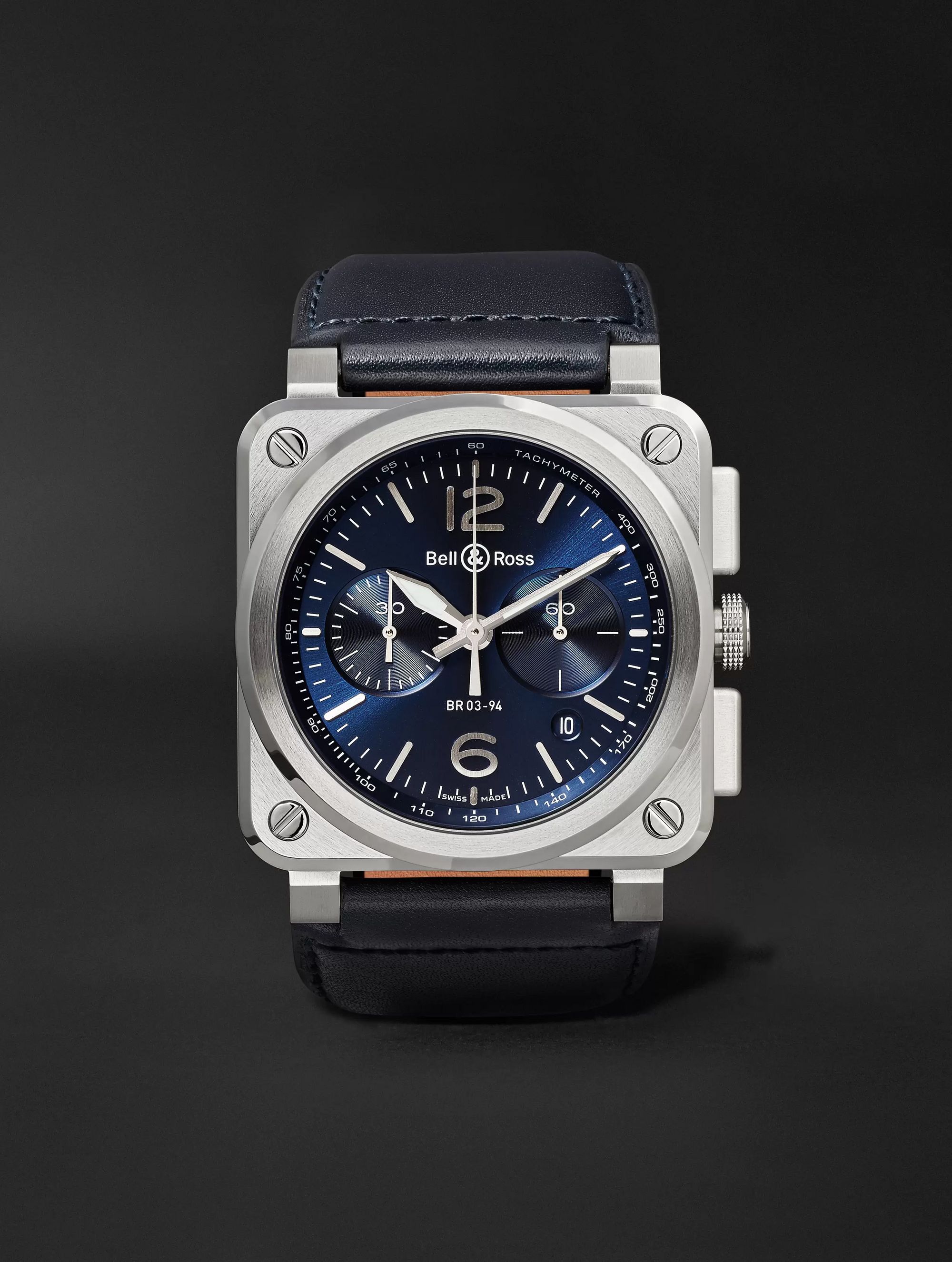 BELL & ROSS BR 03-94 42mm Steel and Leather Chronograph Watch, Ref. No. BR0394-­‐BLU-­‐ST/SCA