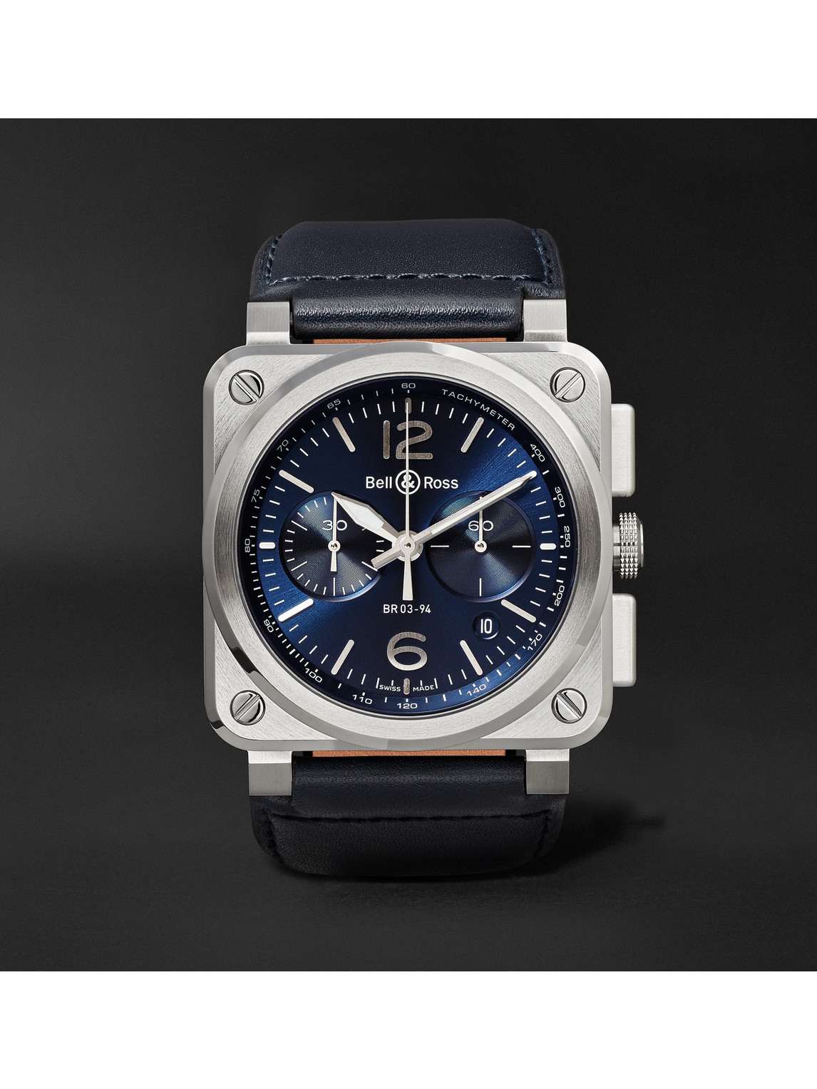 Bell & Ross Br 03-94 Blue Steel Automatic Chronograph 42mm Steel And Leather Watch, Ref. No. Br0394‐blu-­st/sca