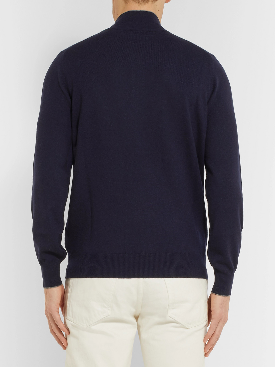 Brunello Cucinelli Contrast-tipped Cashmere Half-zip Sweater In Blue