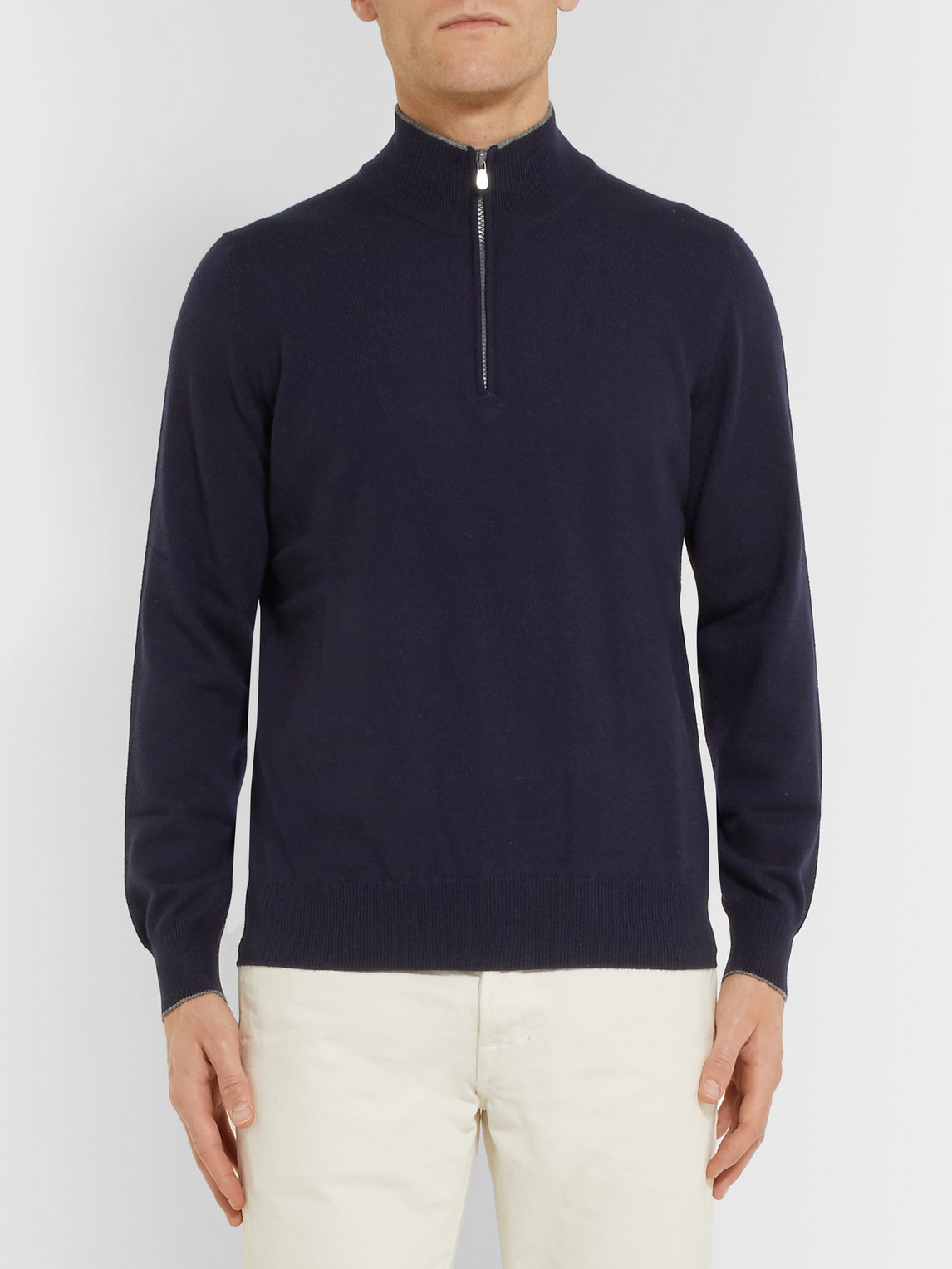 Brunello Cucinelli Contrast-tipped Cashmere Half-zip Sweater In Blue