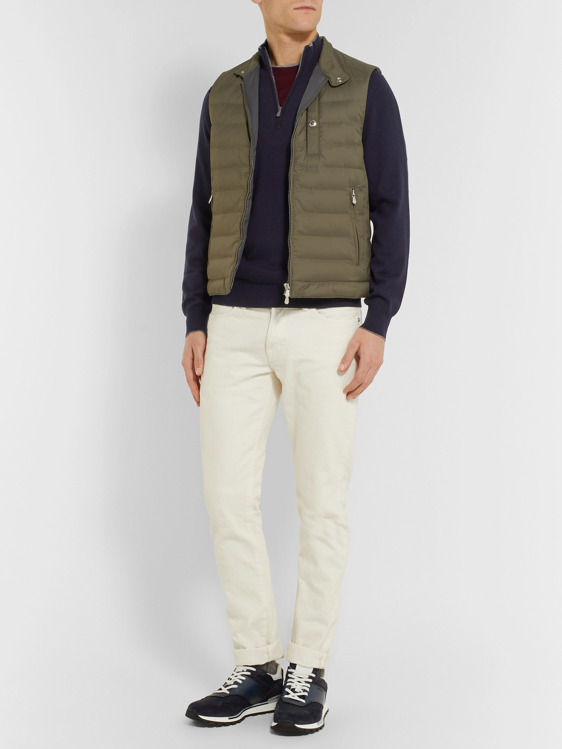 Brunello Cucinelli Contrast-tipped Cashmere Half-zip Sweater In Blue