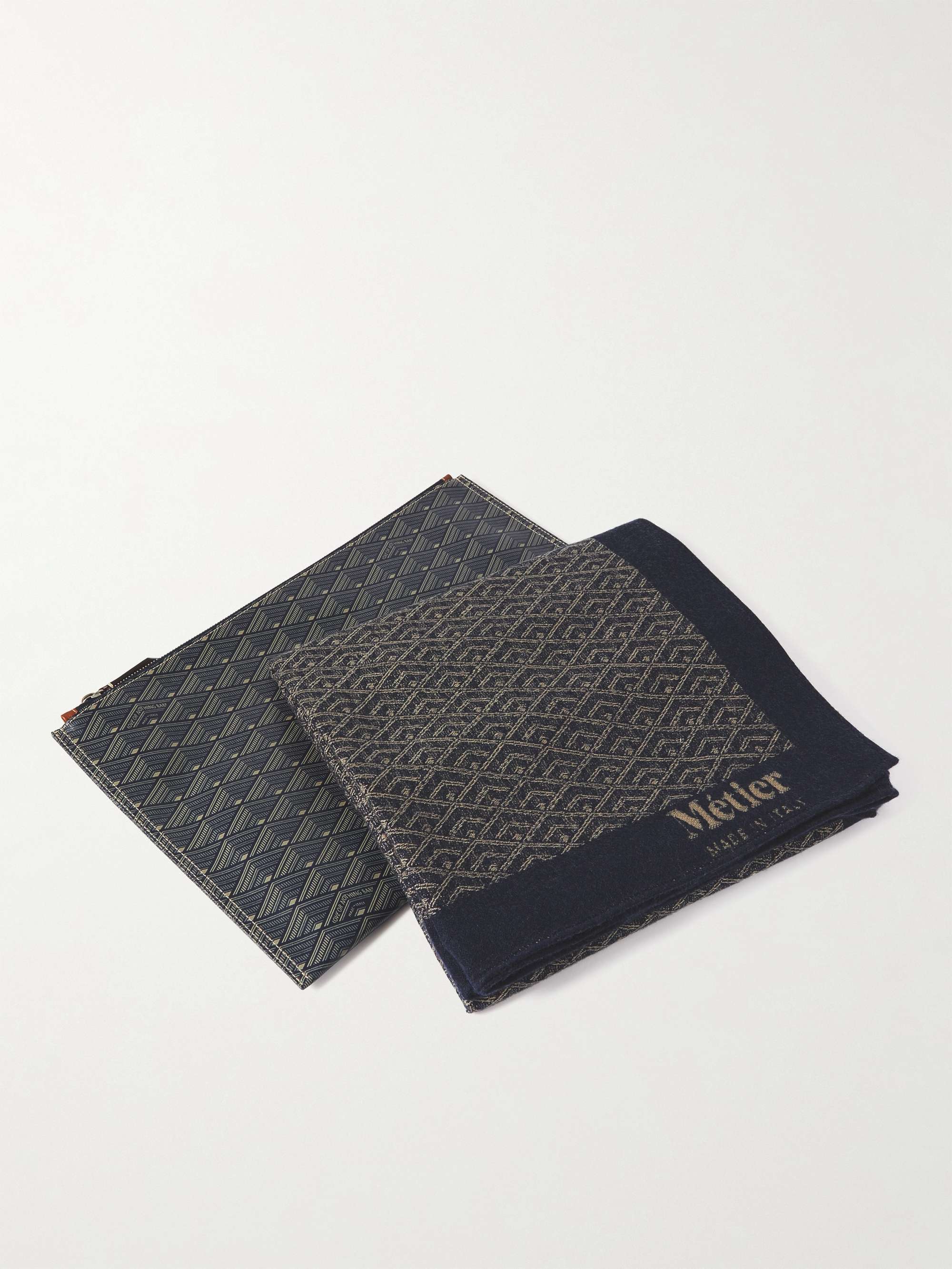 MÉTIER Leather-Trimmed Printed Canvas Pouch and Cashmere Blanket Set