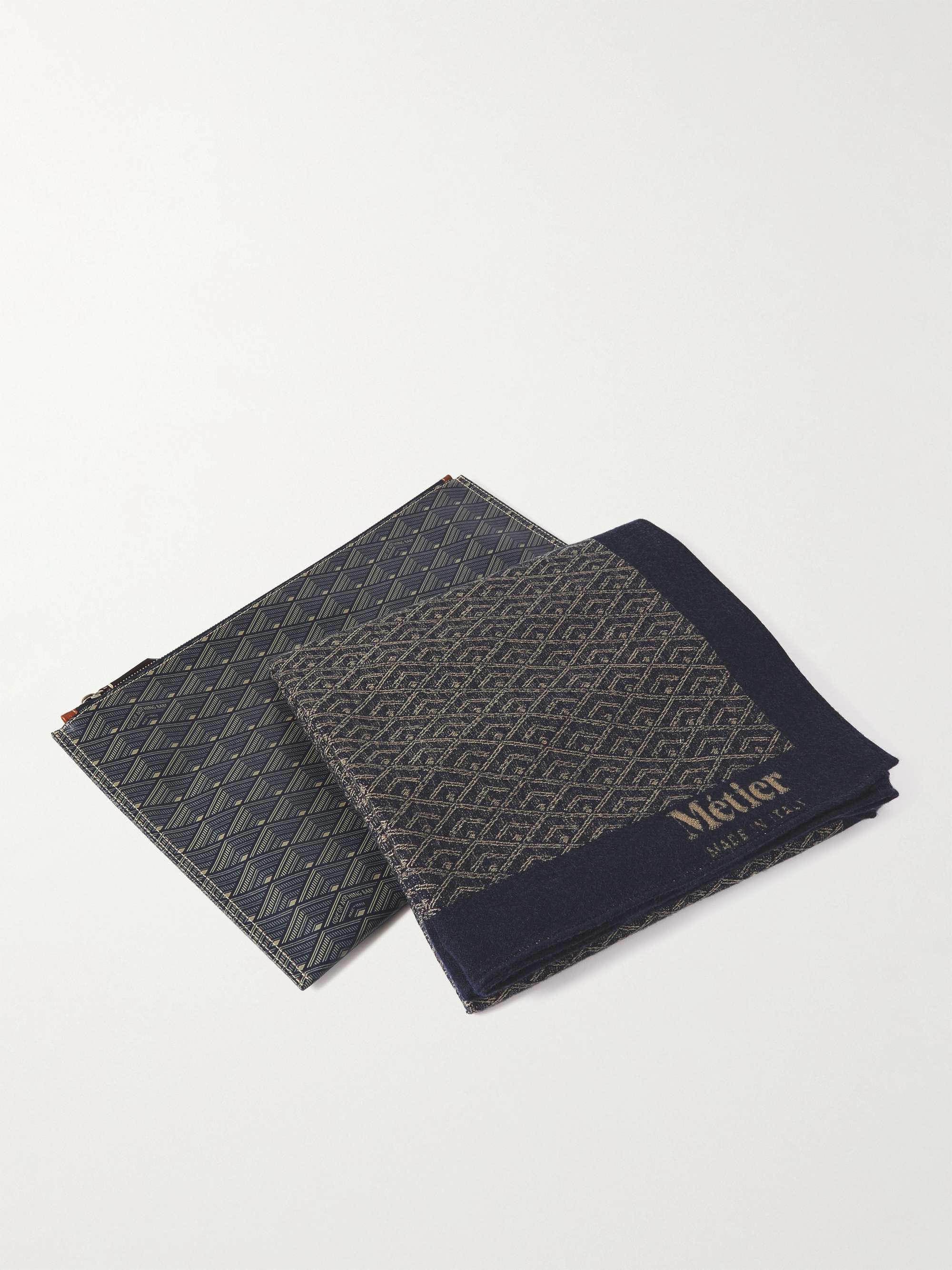 MÉTIER Leather-Trimmed Printed Canvas Pouch and Cashmere Blanket Set ...