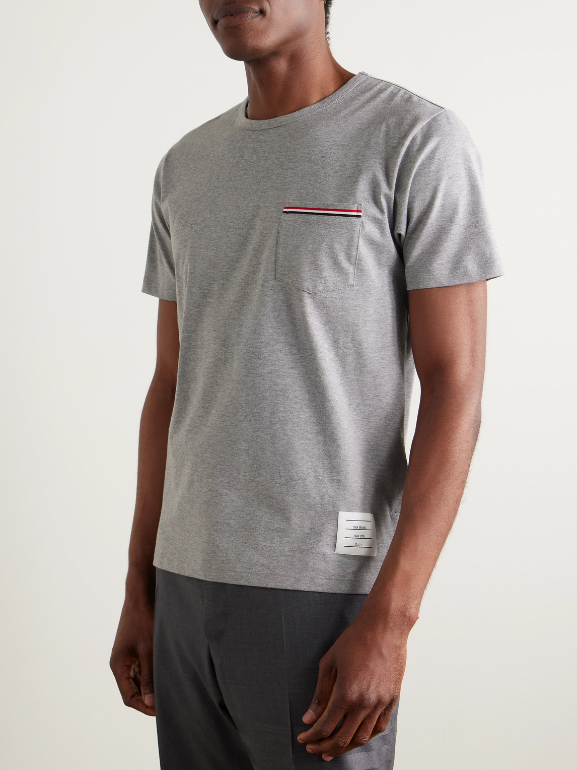 Shop Thom Browne Slim-fit Grosgrain-trimmed Cotton-jersey T-shirt In Gray