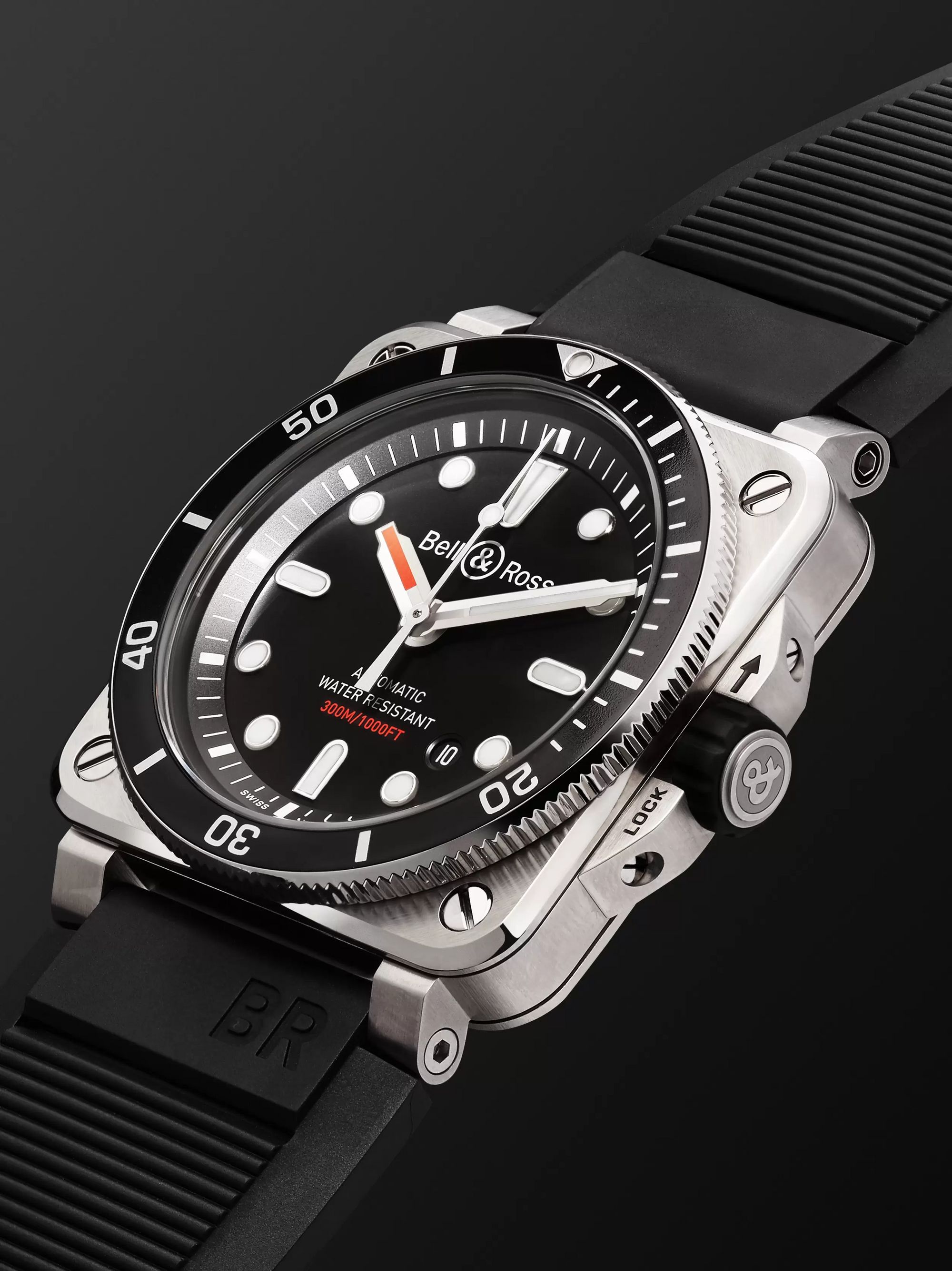 BELL & ROSS BR 03-92 Diver Automatic 42mm Stainless Steel and Rubber Watch, Ref. No. BR0392-­D-­BL-­ST/SRB