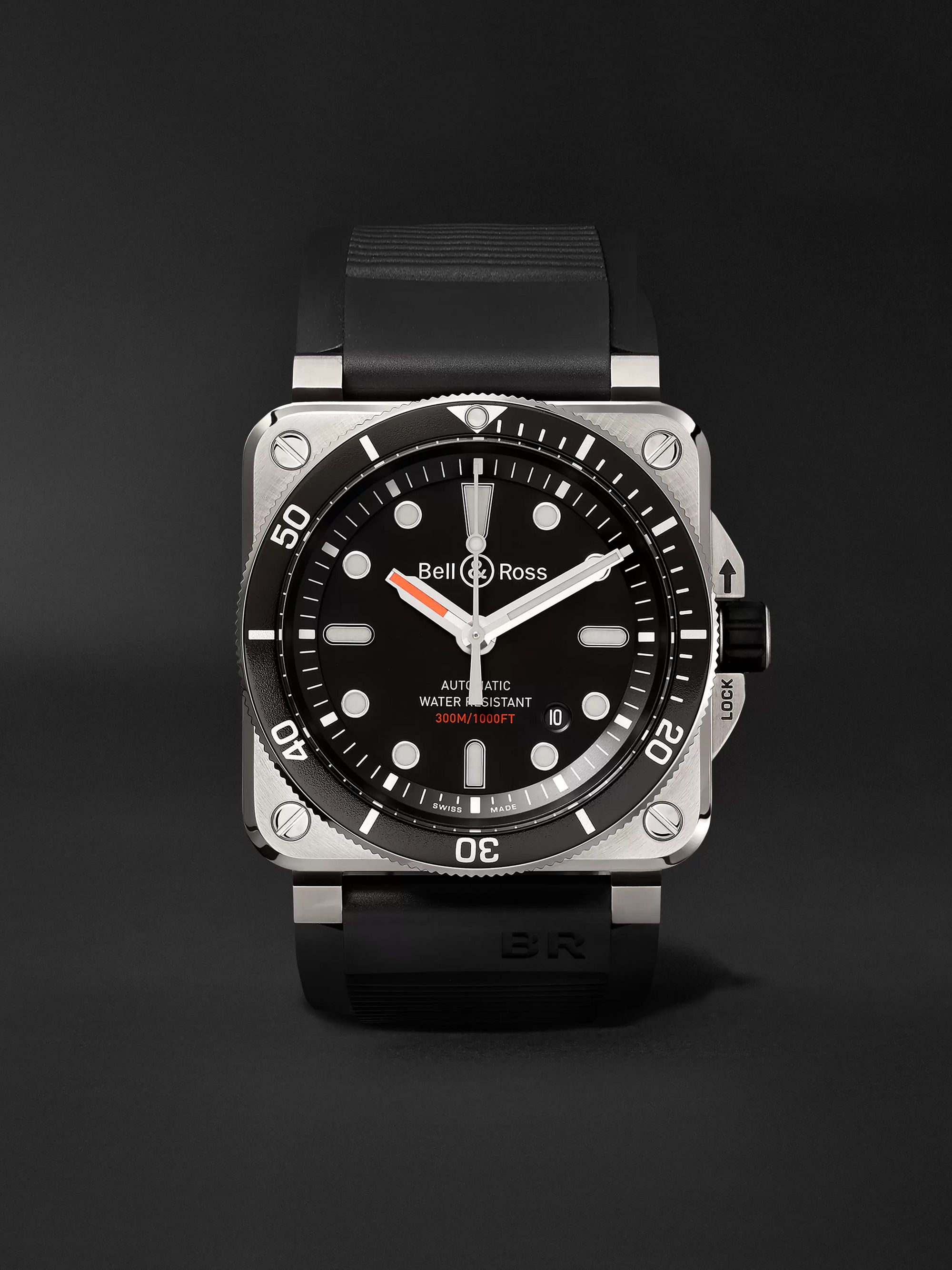 BELL & ROSS BR 03-92 Diver Automatic 42mm Stainless Steel and Rubber Watch, Ref. No. BR0392-­D-­BL-­ST/SRB