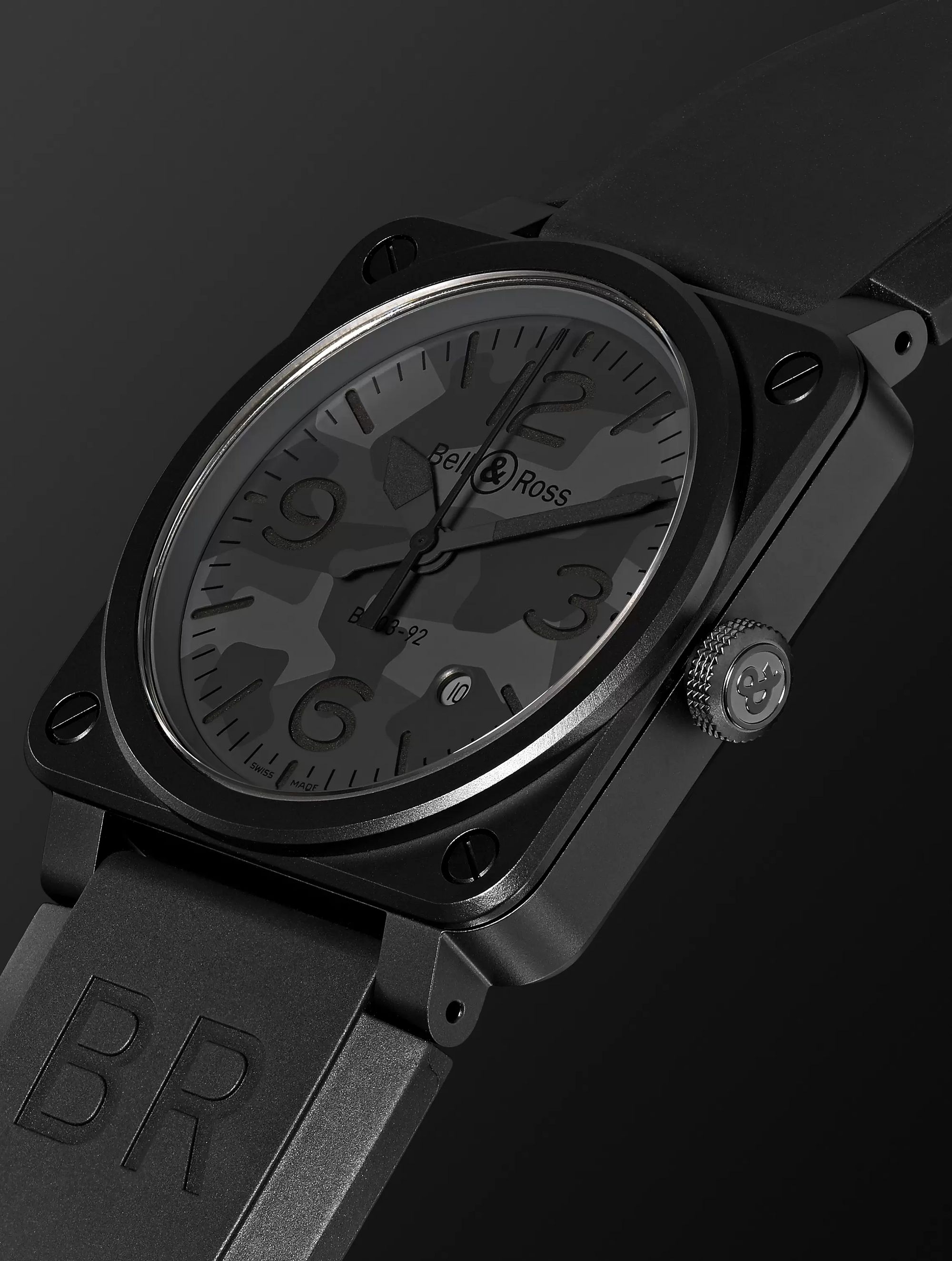 BELL & ROSS BR 03-92 Black Camo Automatic 42mm Ceramic and Rubber Watch, Ref. No. BR0392-­CAMO-­CE/SRB