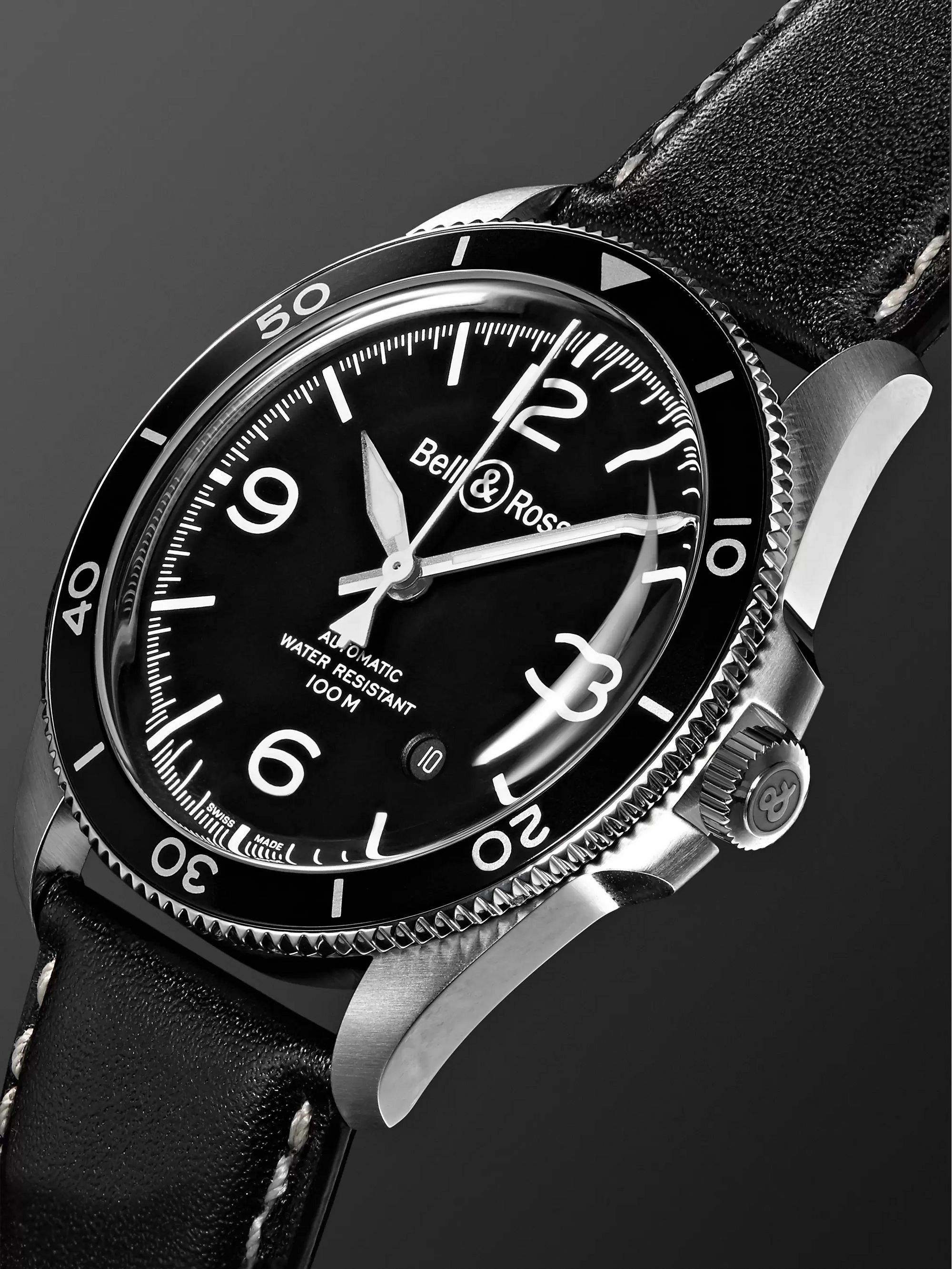 BELL & ROSS BR V2-92 Automatic 41mm Stainless Steel and Leather Watch, Ref. No. BRV292-­‐BL-­‐ST/SCA