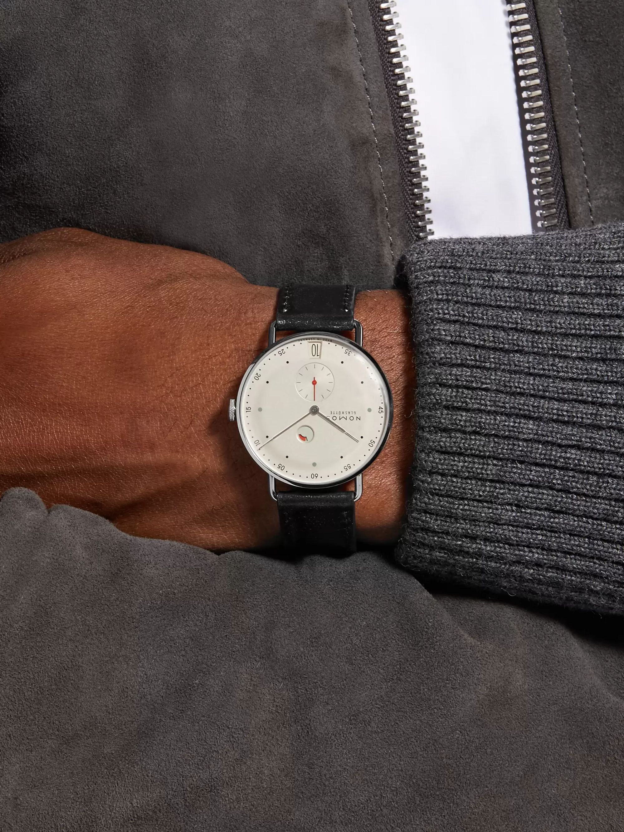 NOMOS GLASHÜTTE Metro Datum Gangreserve 37mm Stainless Steel and Leather Watch, Ref. No. 1101