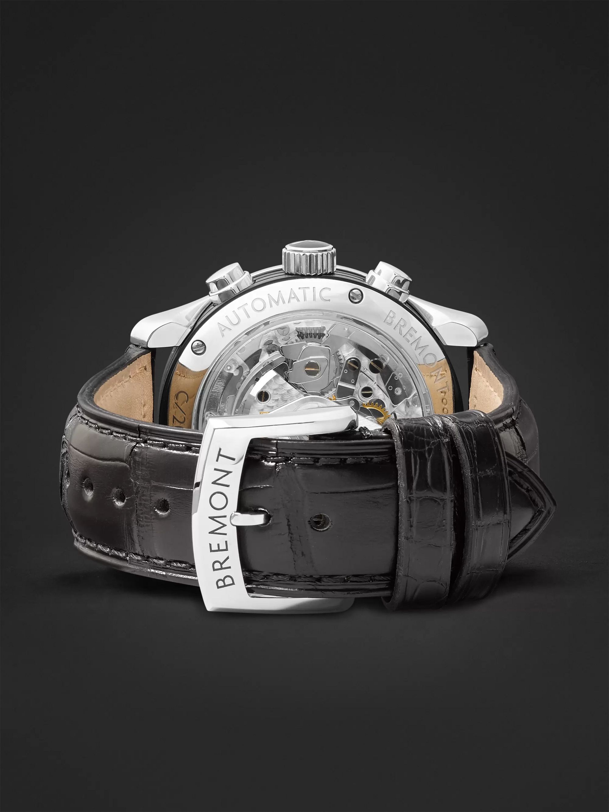 BREMONT ALT1-C Polished Black Automatic Chronograph 43mm Stainless Steel and Alligator Watch, Ref. No. ALT1-C-P-BK-R-S