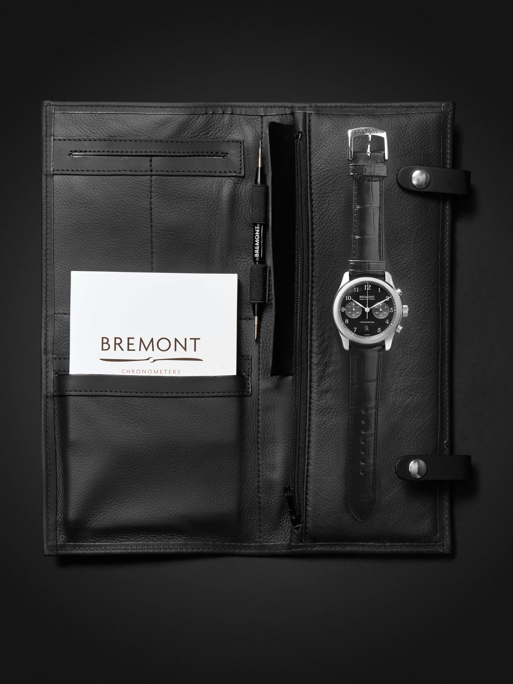 BREMONT ALT1-C Polished Black Automatic Chronograph 43mm Stainless Steel and Alligator Watch, Ref. No. ALT1-C-P-BK-R-S