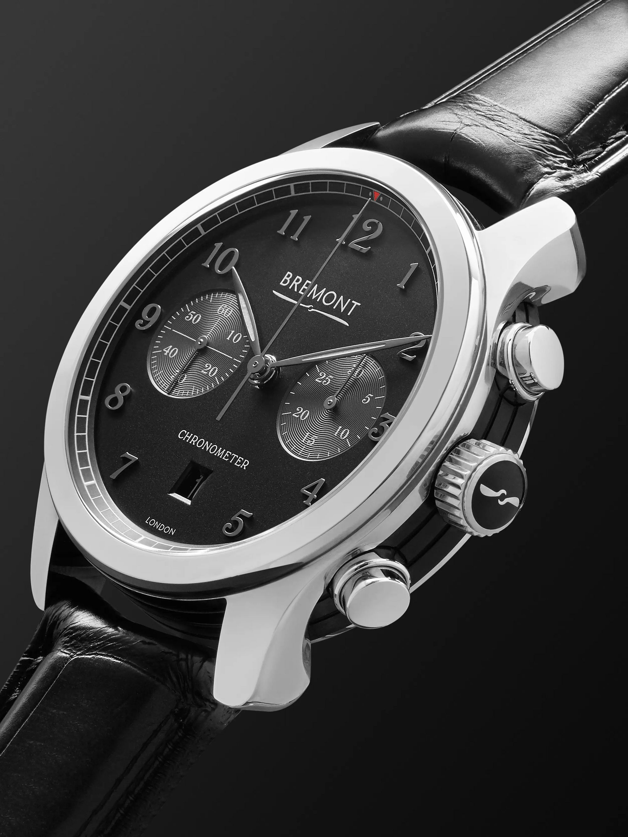 BREMONT ALT1-C Polished Black Automatic Chronograph 43mm Stainless Steel and Alligator Watch, Ref. No. ALT1-C-P-BK-R-S