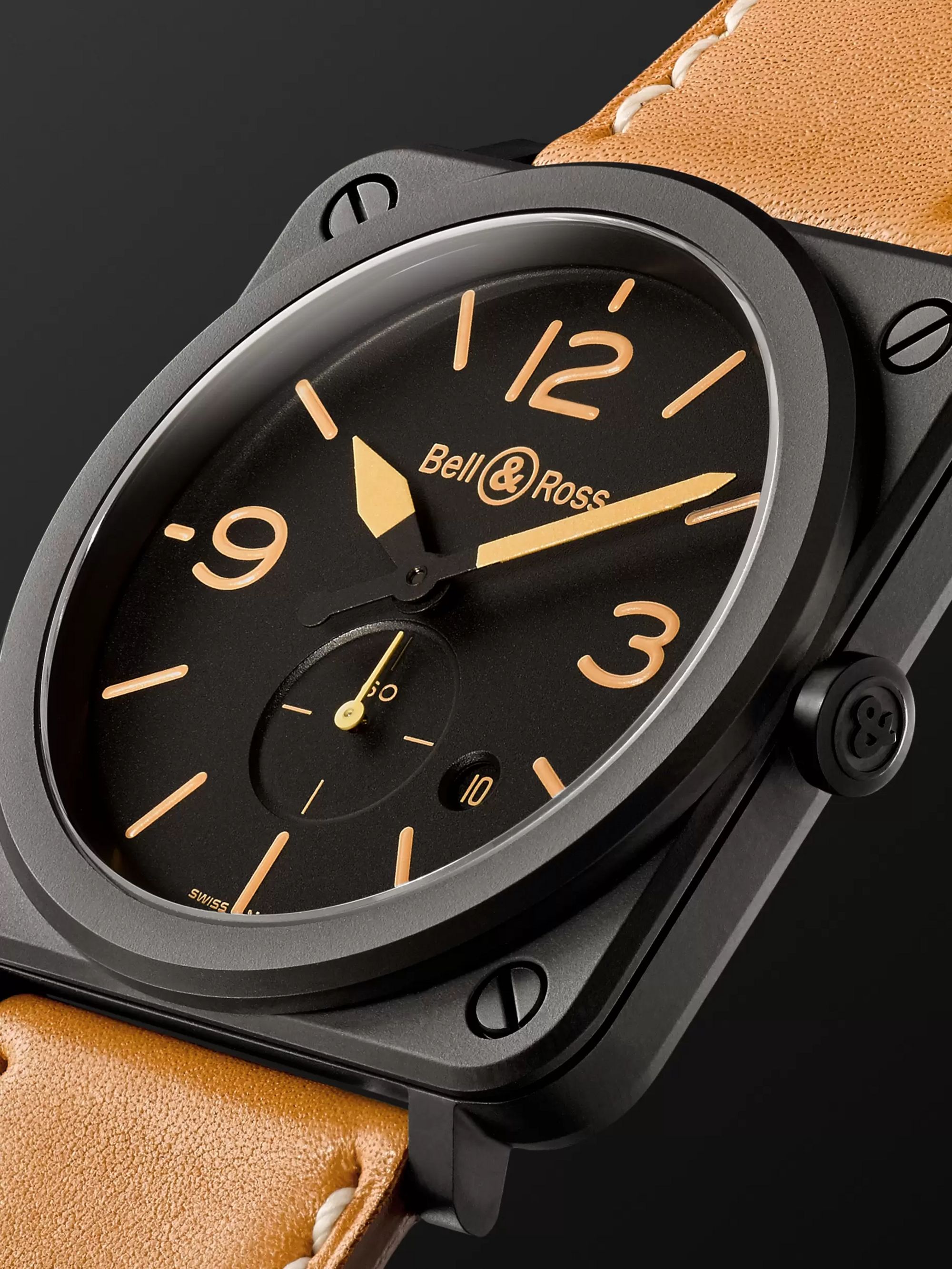 BELL & ROSS BR S Heritage 39mm Ceramic and Leather Watch, Ref. No. BRS‐HERI‐CEM