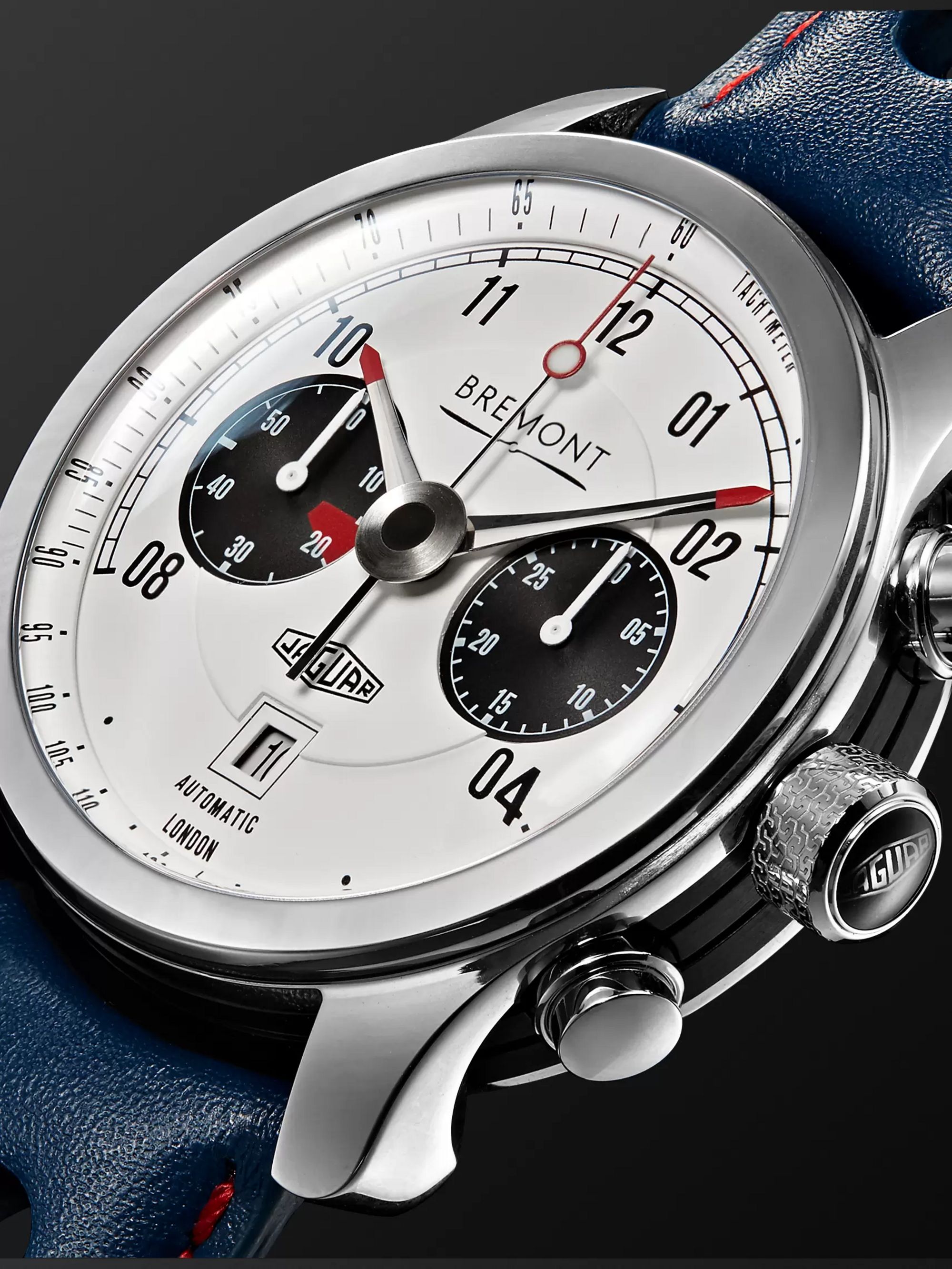 BREMONT Jaguar MKII Automatic Chronograph 43mm Stainless Steel and Leather Watch, Ref. No. J-MKII-WH-R-S