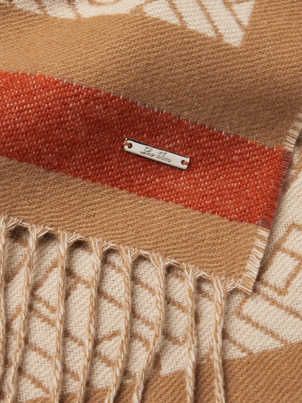 Loro Piana Fringed Logo-jacquard Cashmere Scarf In Brown