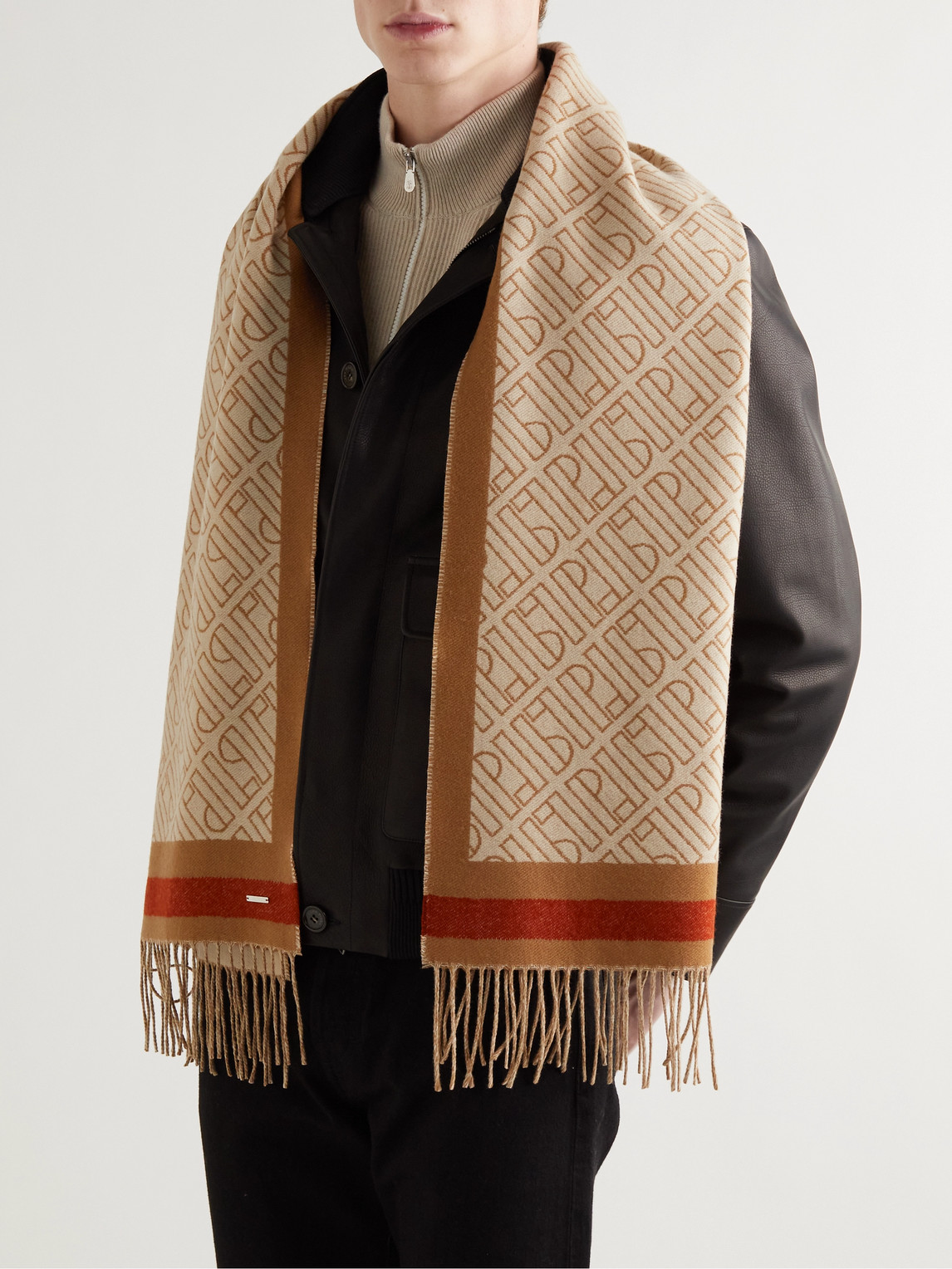 Loro Piana Fringed Logo-jacquard Cashmere Scarf In Brown