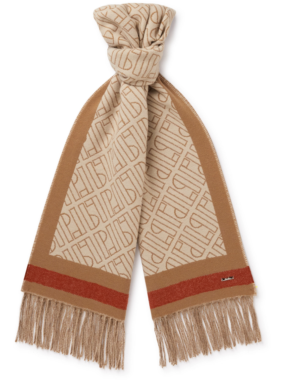 Loro Piana Fringed Logo-jacquard Cashmere Scarf In Brown