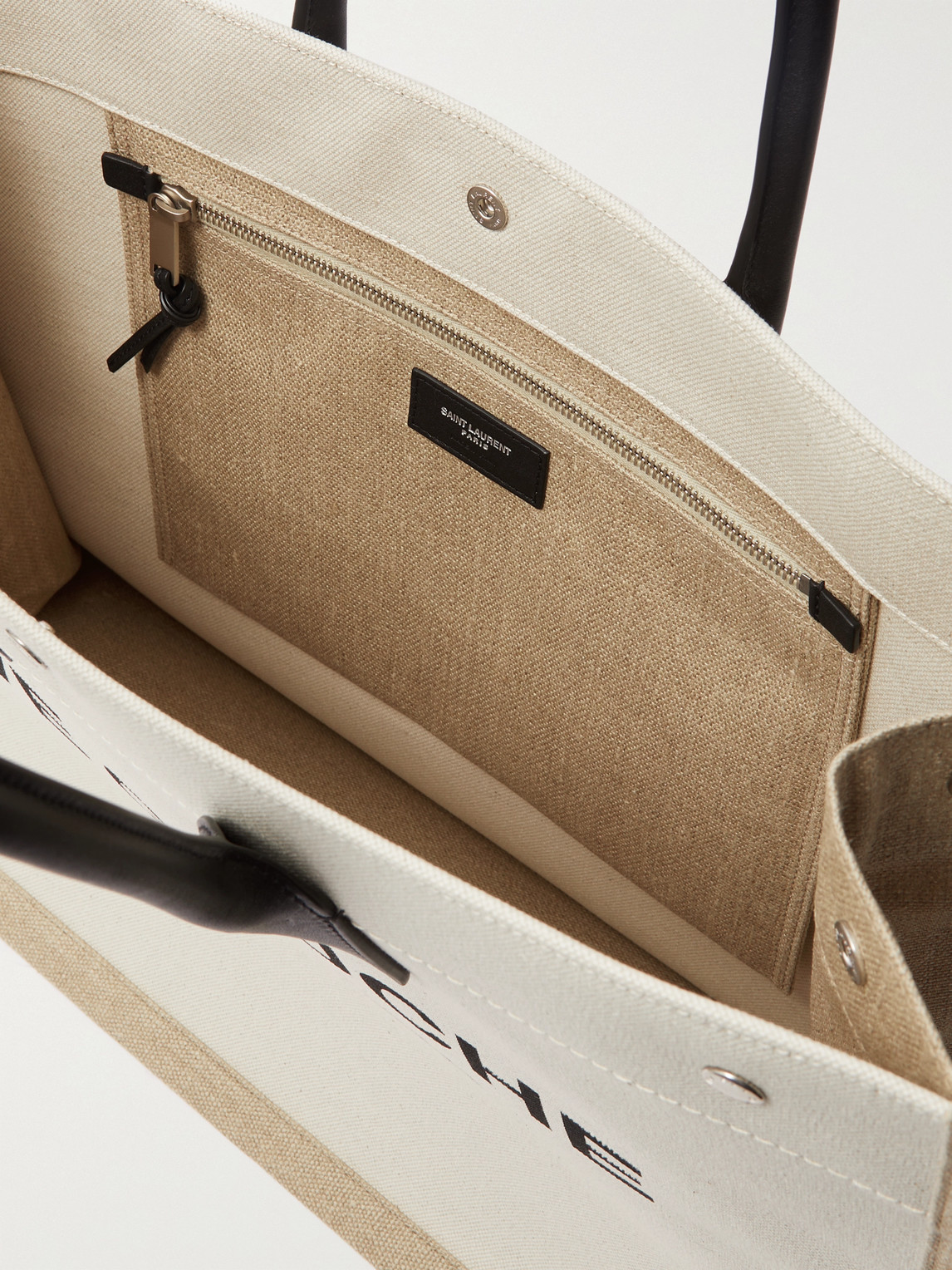 Shop Saint Laurent Leather-trimmed Logo-print Linen And Cotton-blend Canvas Tote Bag In Neutrals