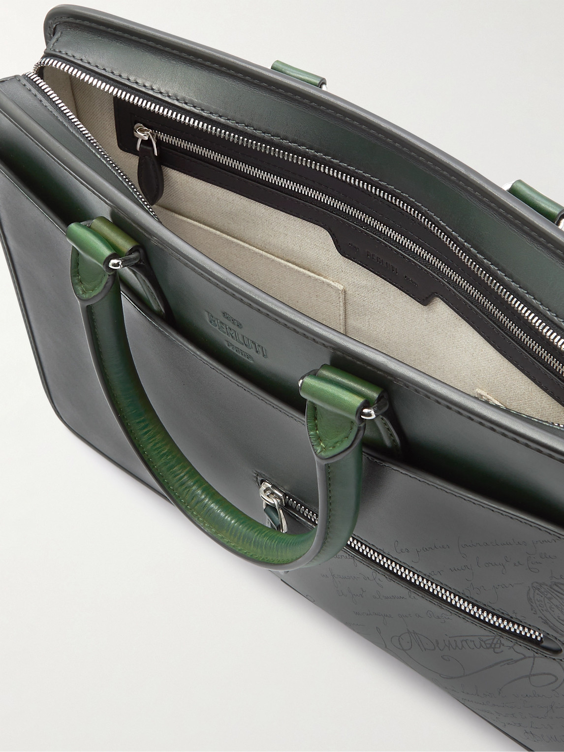 Shop Berluti Two-tone Scritto Leather Briefcase In Green