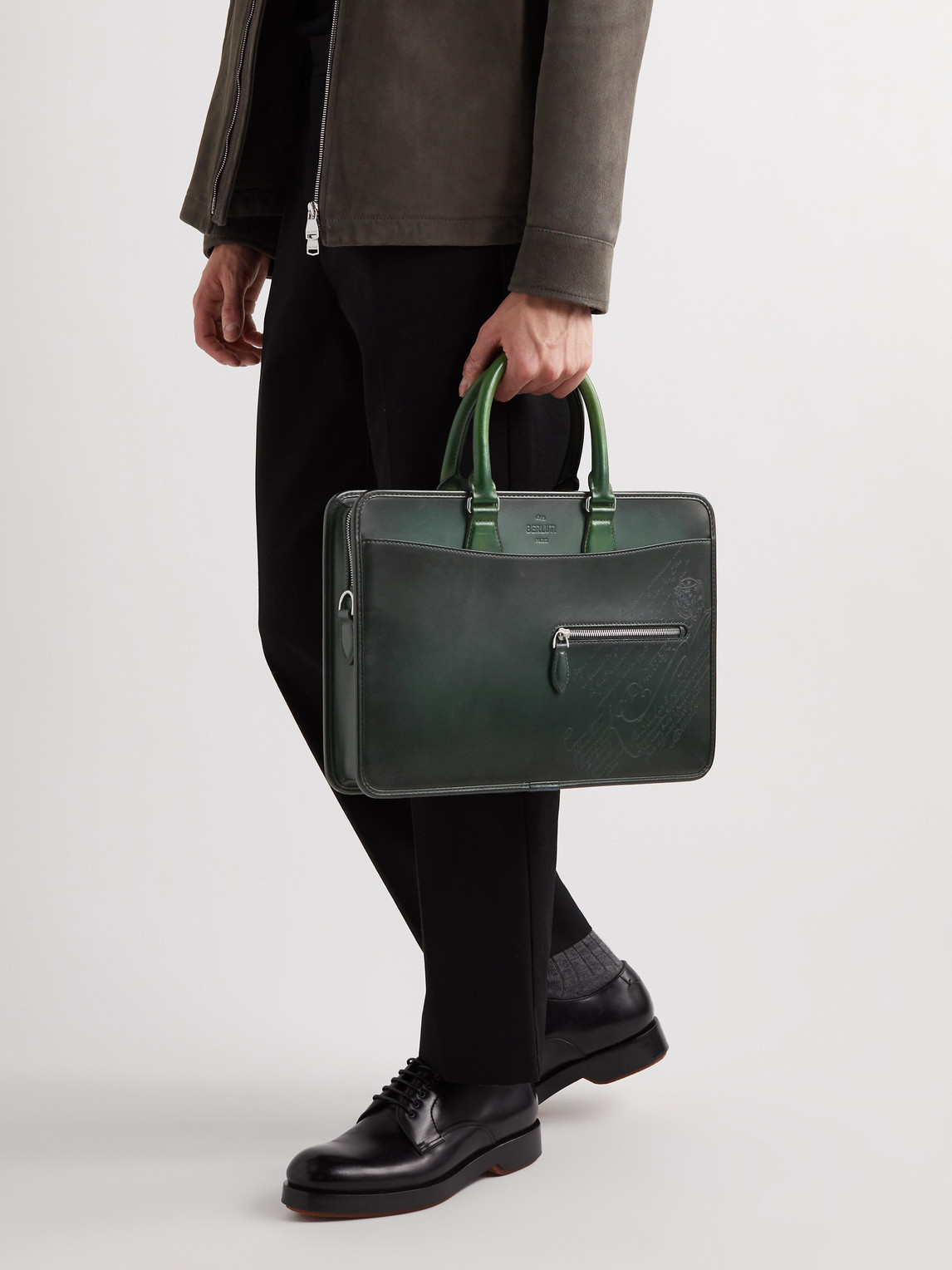 Shop Berluti Two-tone Scritto Leather Briefcase In Green