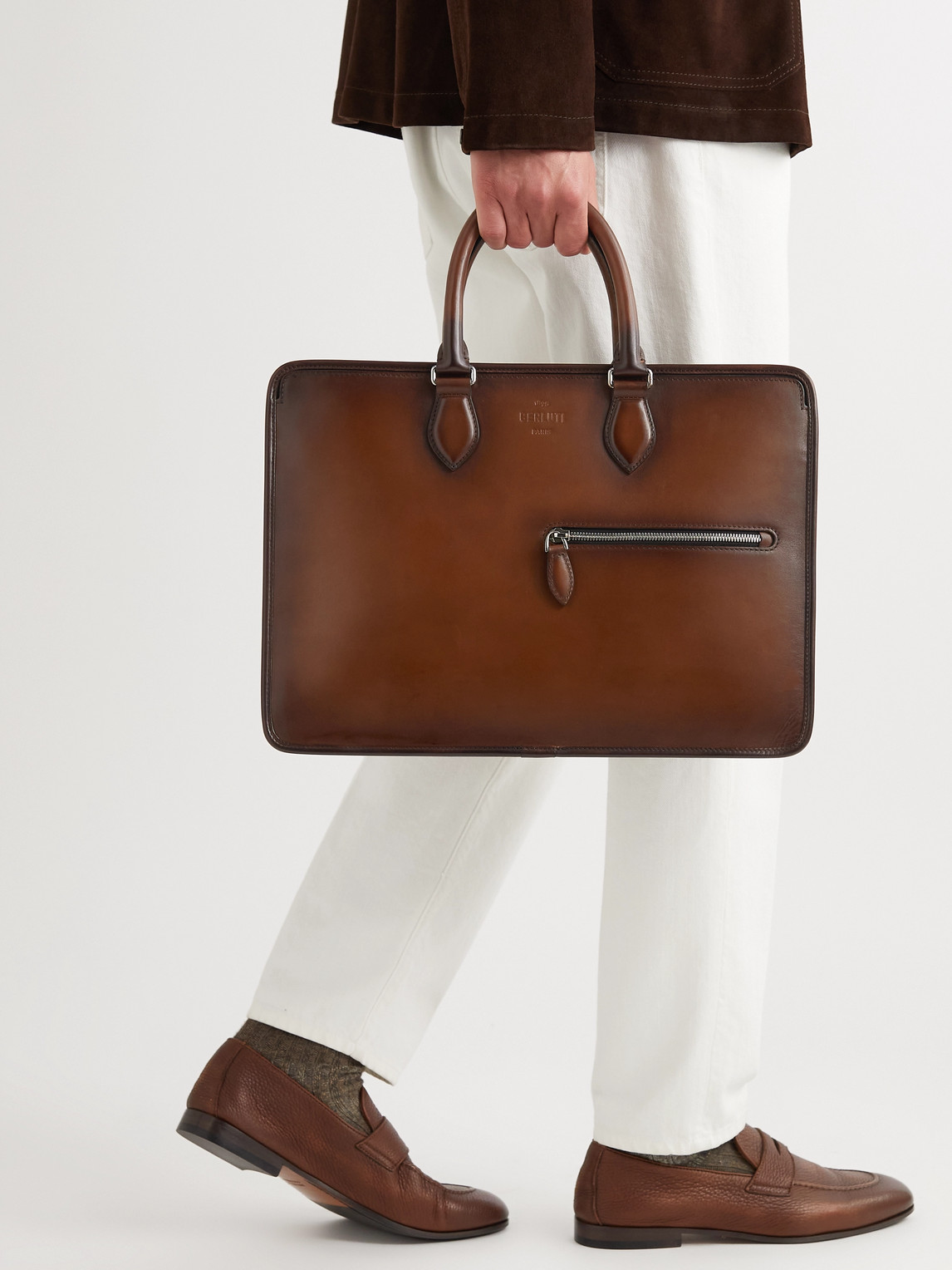 Shop Berluti Scritto Venezia Leather Briefcase In Brown