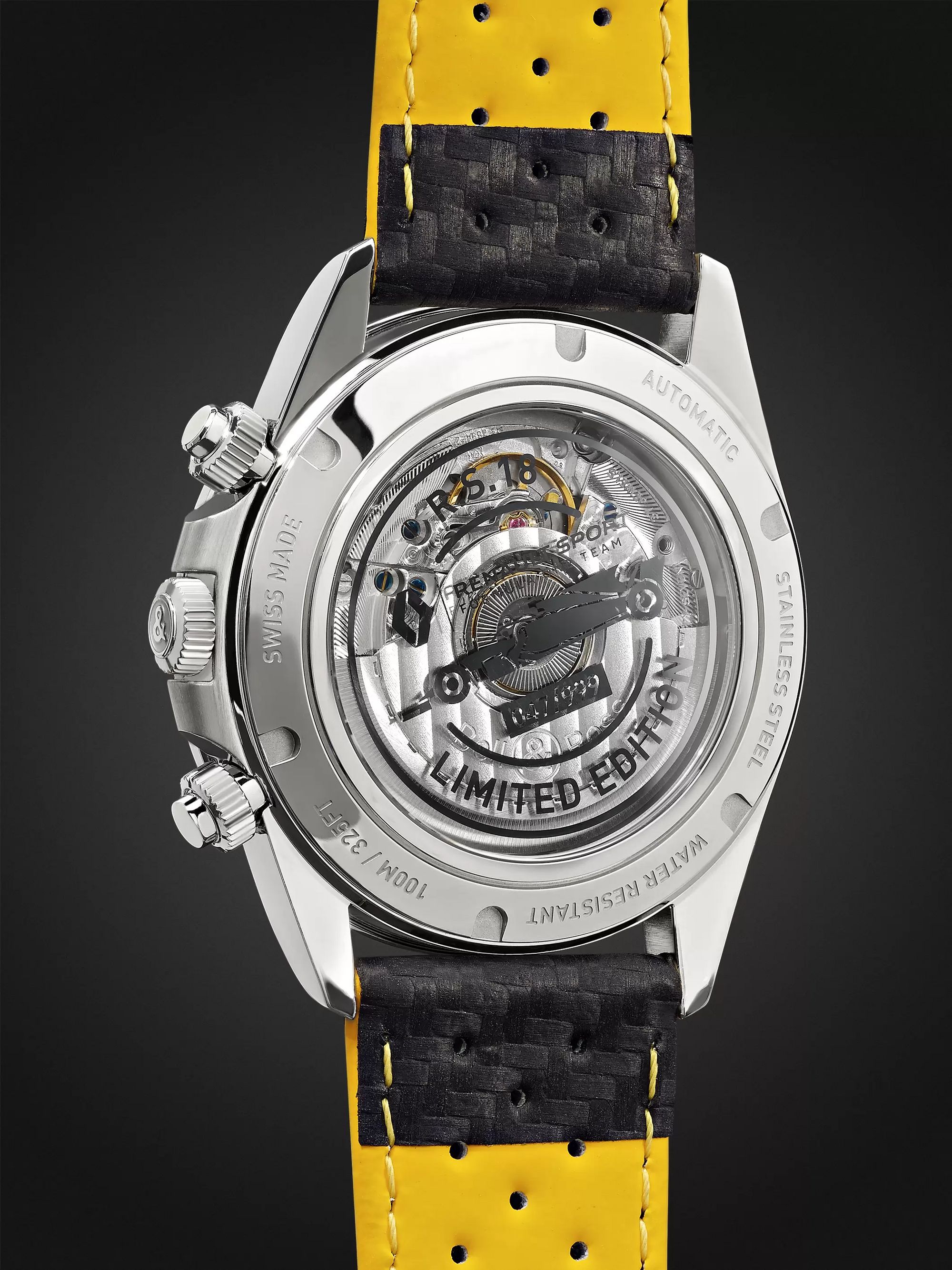 BELL & ROSS BR V2-94 R.S.18 Renault Limited Edition Automatic Chronograph 41mm Stainless Steel and Leather Watch, Ref. No. BR0392-D-BL-BR/SCA