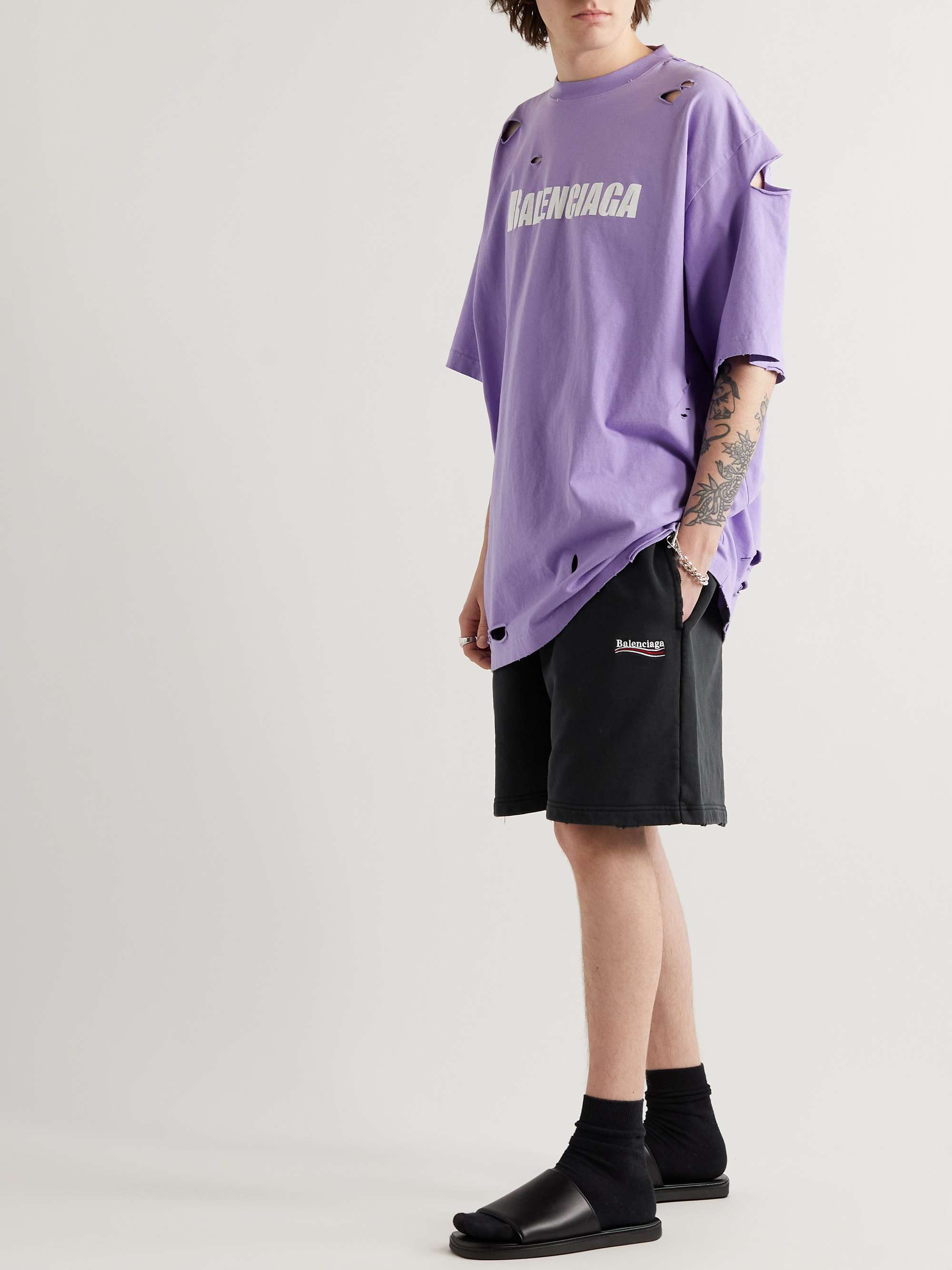 BALENCIAGA Wide-Leg Logo-Embroidered Distressed Cotton-Jersey Shorts Men | MR