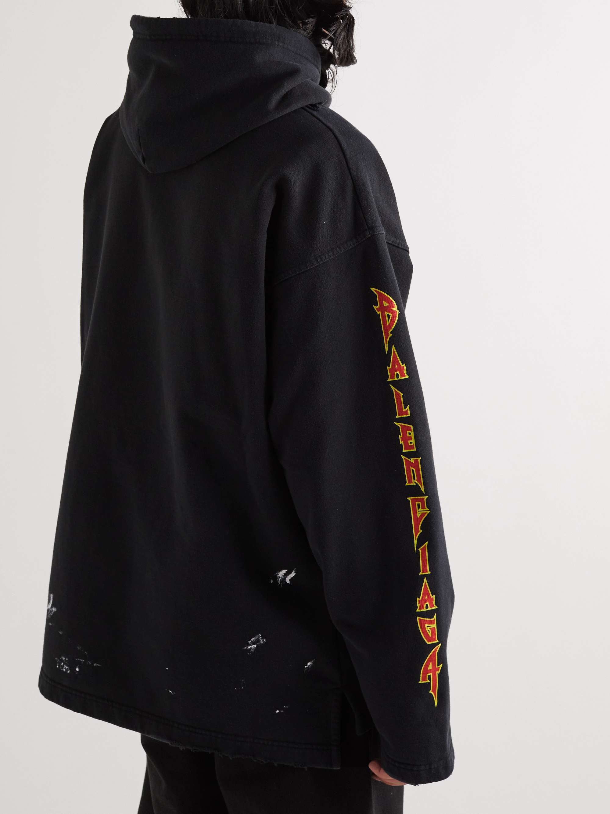 BALENCIAGA Logo-Print Distressed Cotton-Jersey Hoodie