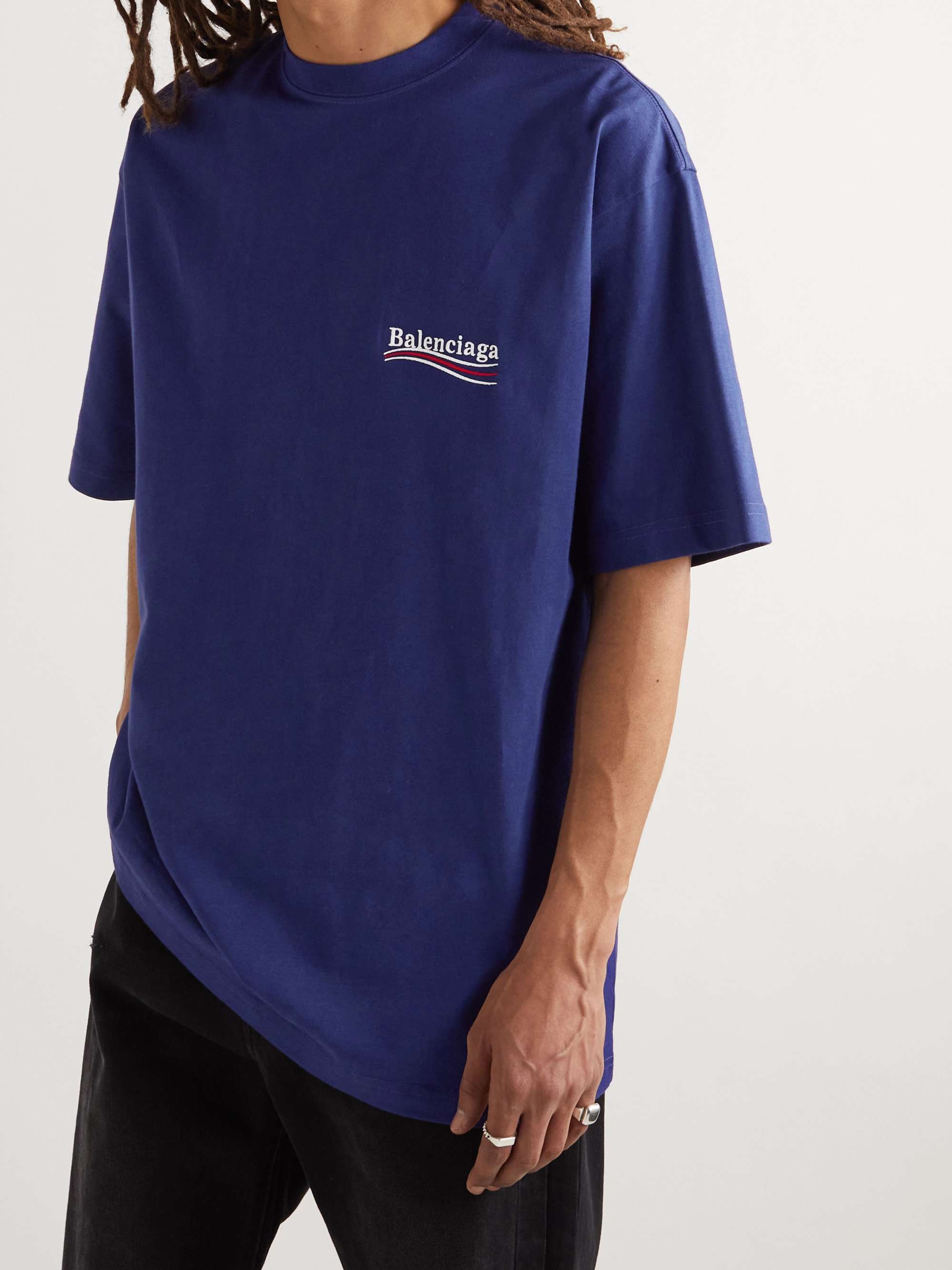 Balenciaga - Men - Oversized logo-embroidered Cotton-jersey T-Shirt Blue - XXS