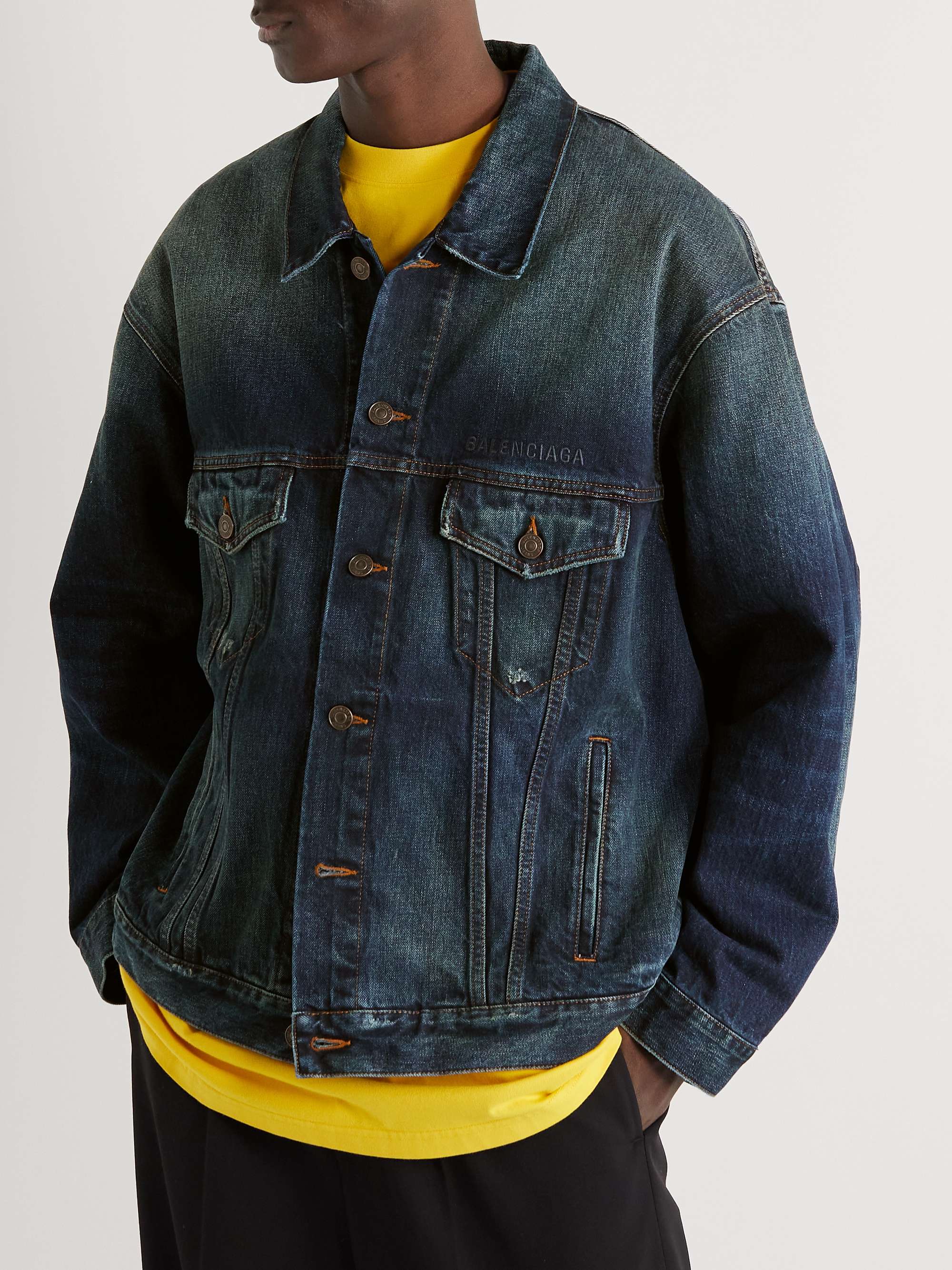 BALENCIAGA Logo-Embroidered Distressed Denim Jacket