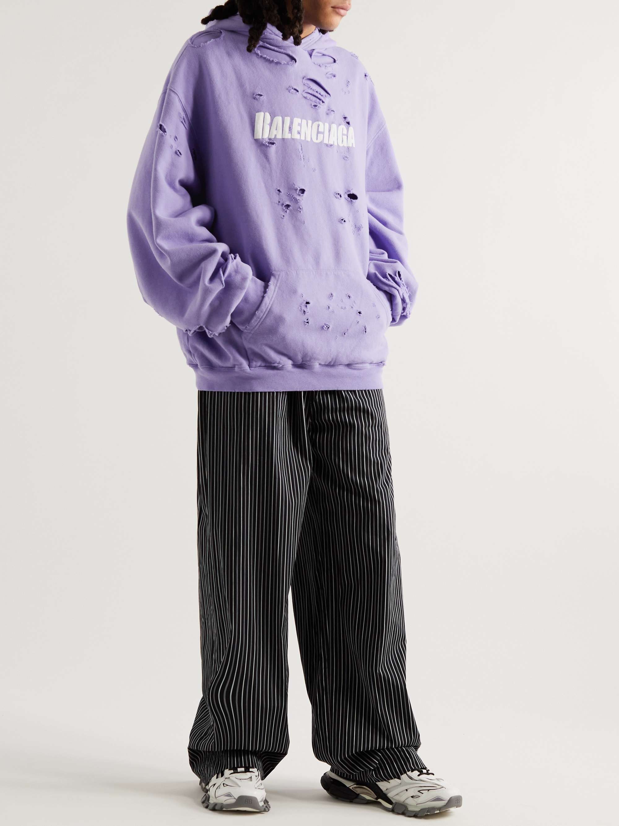 Balenciaga - Men - Oversized Distressed logo-print Cotton-jersey Hoodie Purple - L