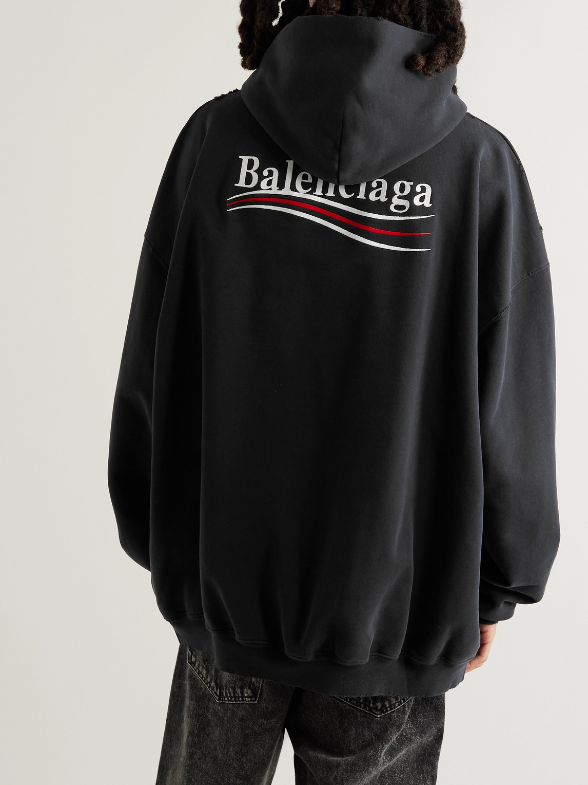 Shop Balenciaga Oversized Distressed Logo-embroidered Cotton-jersey Hoodie In Black