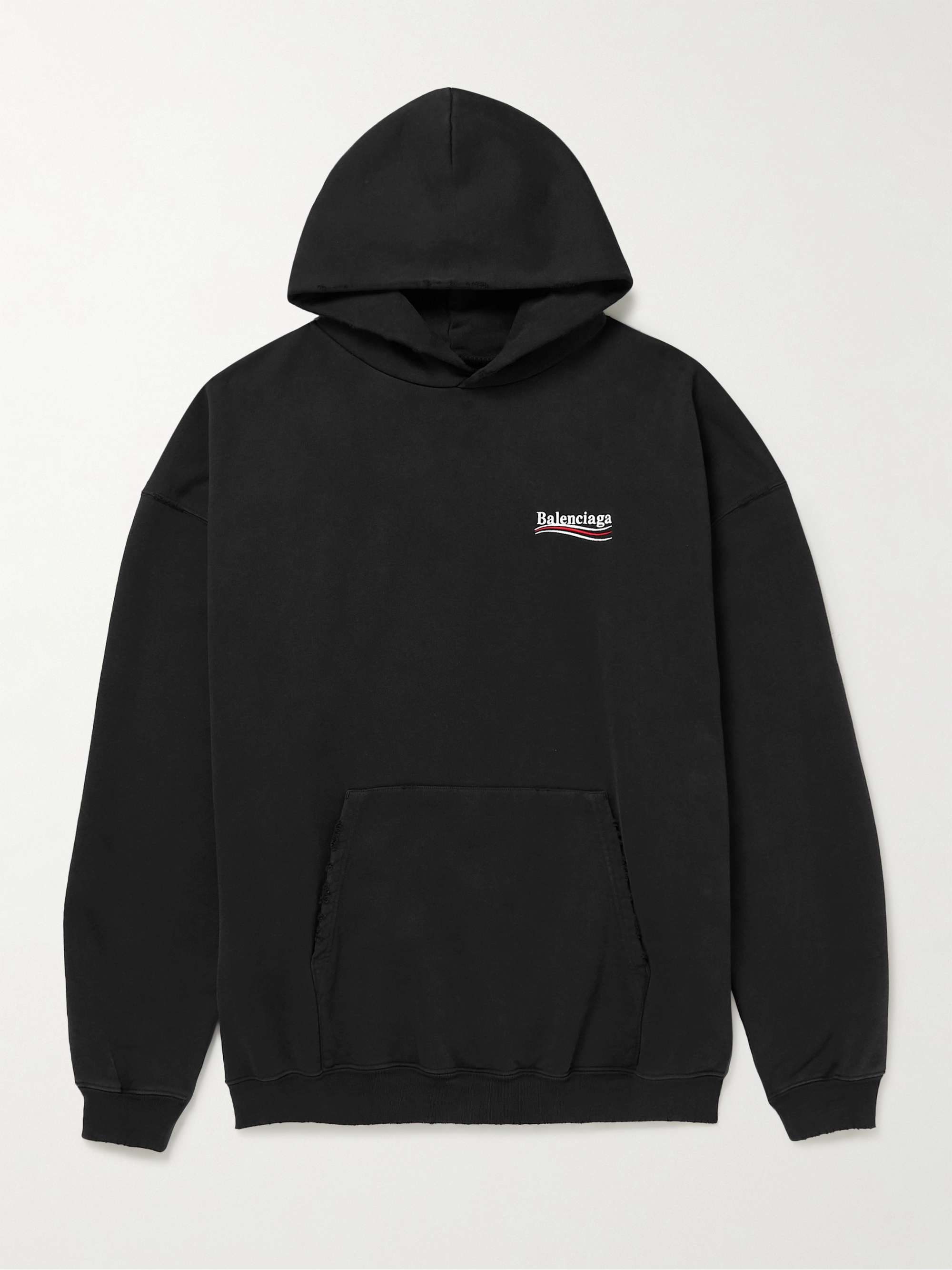 BALENCIAGA Oversized Distressed Logo-Embroidered Cotton-Jersey Hoodie ...