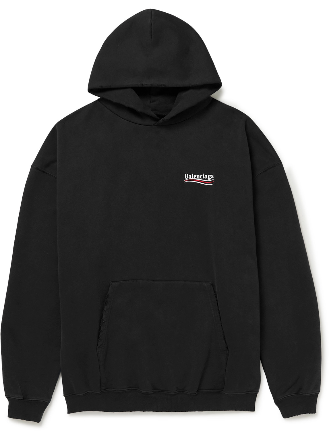 Balenciaga Oversized Distressed Logo-embroidered Cotton-jersey Hoodie In Black