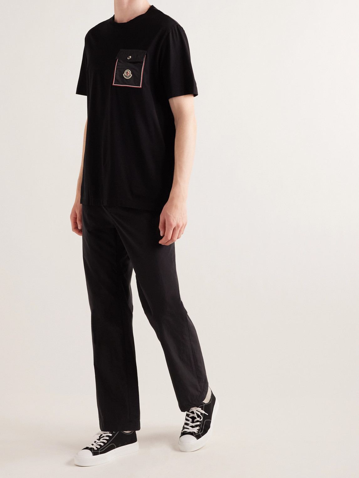 Shop Moncler Logo-appliquéd Shell-trimmed Cotton-jersey T-shirt In Black