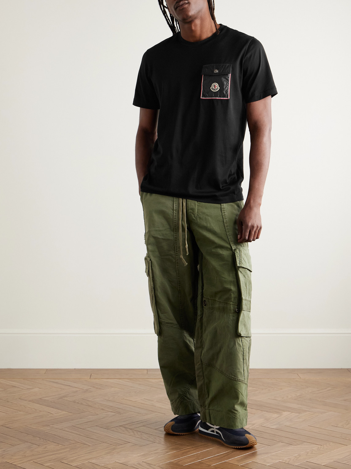 Moncler Jersey T-shirt With Nylon Pocket In Black