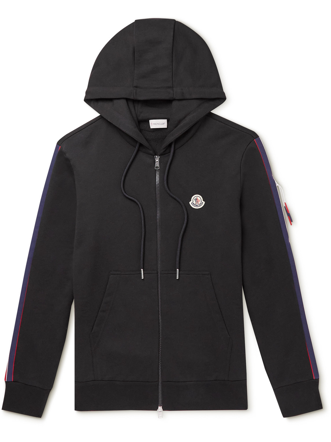 Moncler Logo-appliquéd Striped Cotton-jersey Zip-up Hoodie In Black