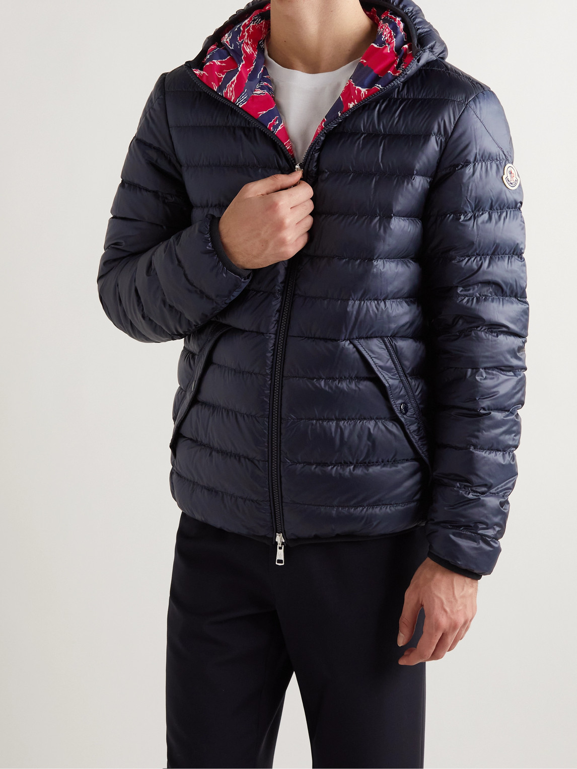 Moncler Bressay Reversible Printed Shell Hooded Down Jacket In Red
