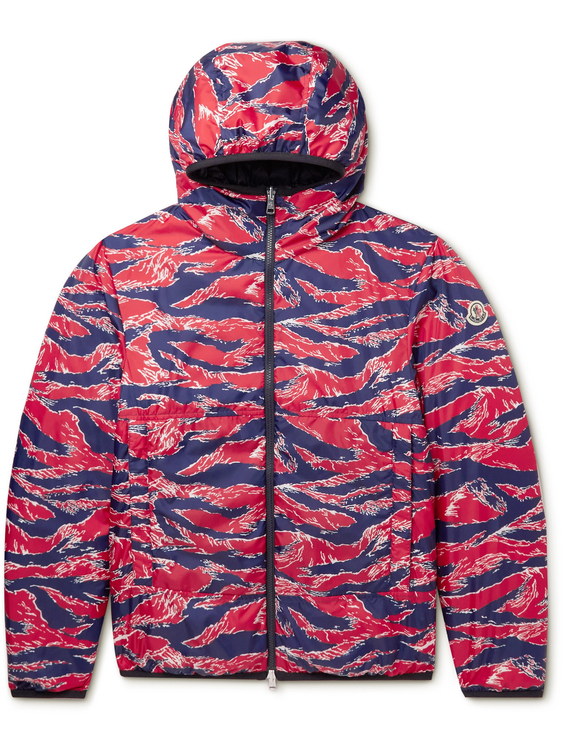 Moncler Bressay Reversible Printed Shell Hooded Down Jacket In Red