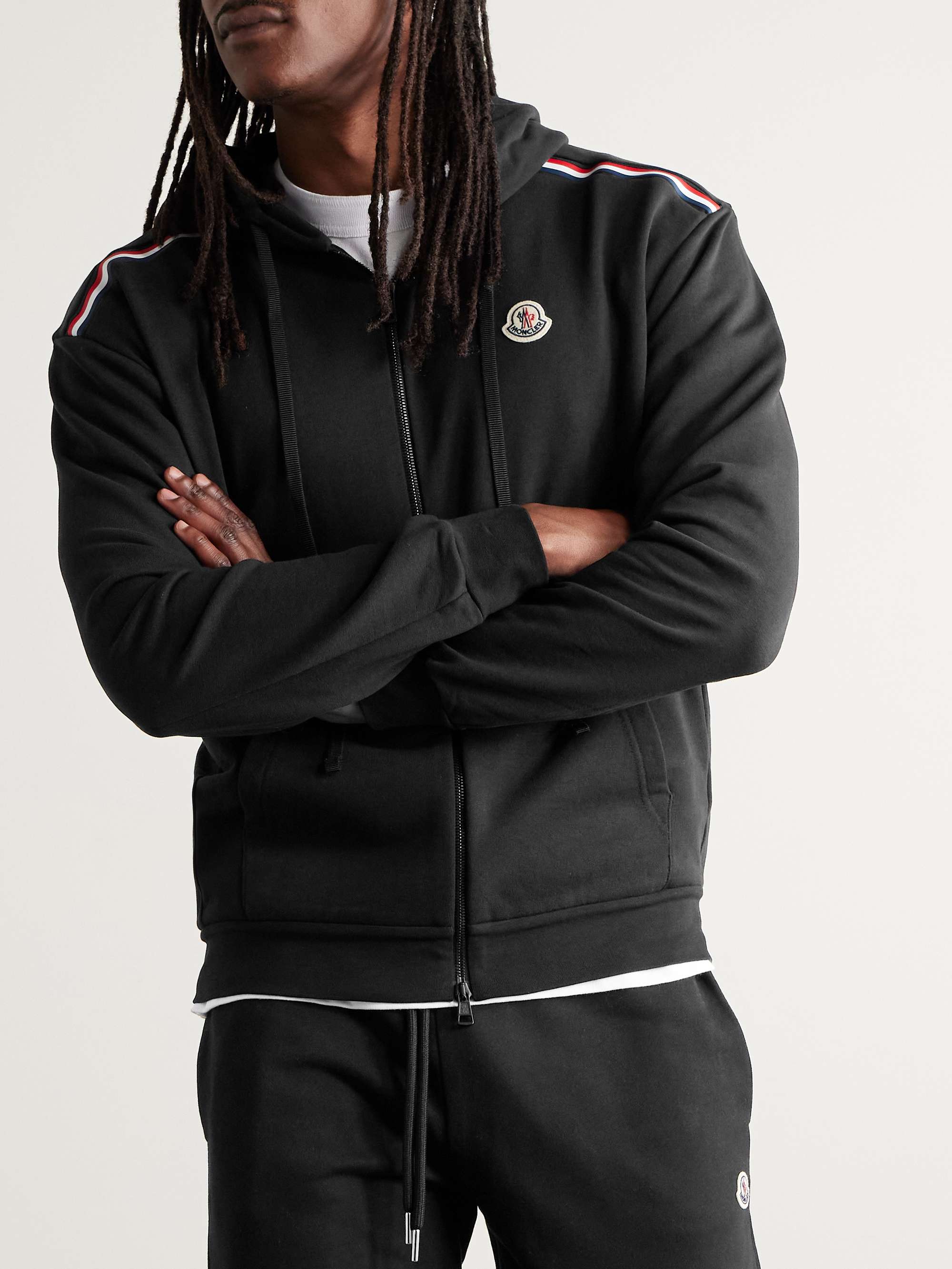 Black Logo-Embroidered Striped Cotton-Jersey Zip-Up Hoodie