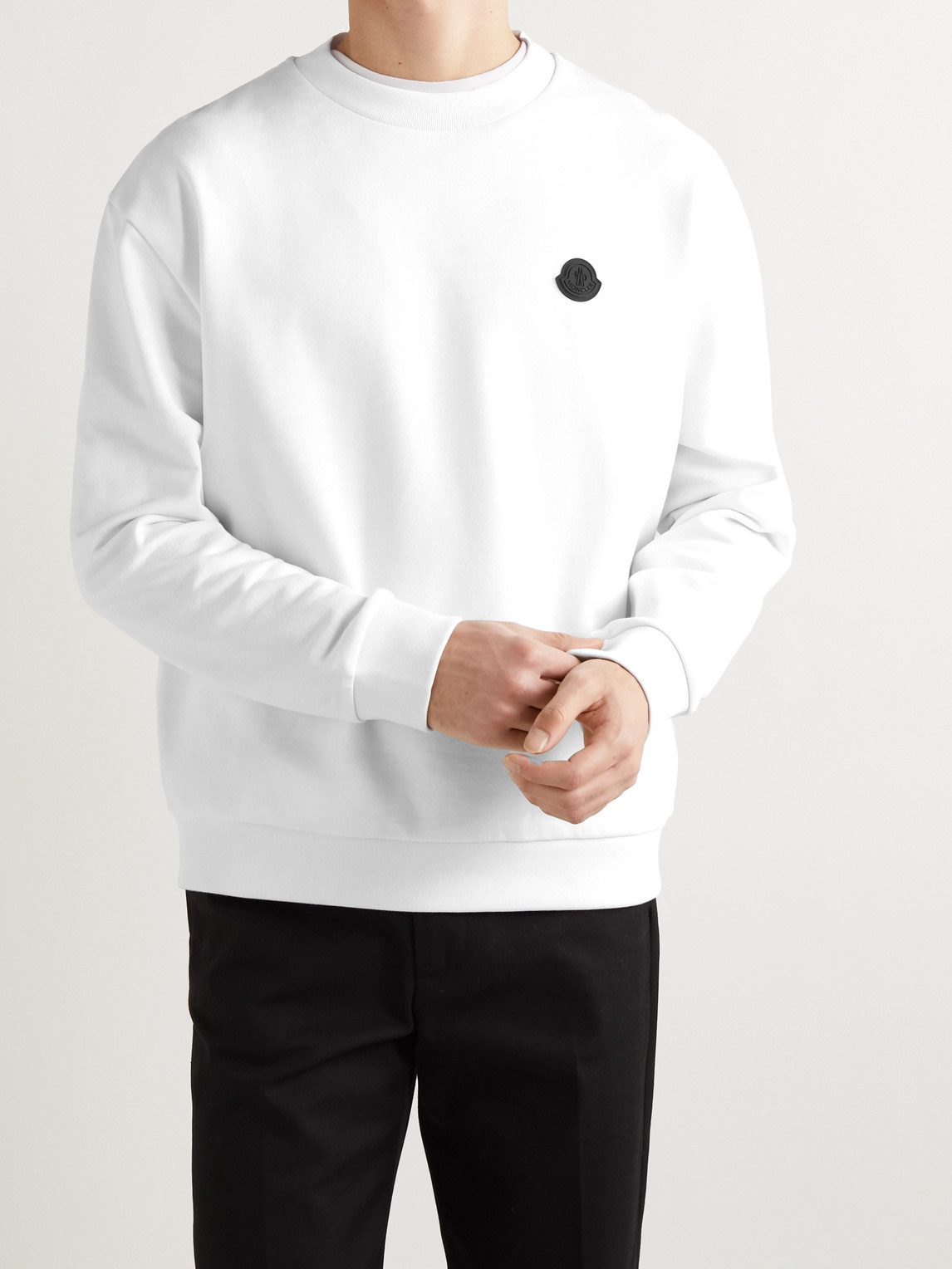 Moncler Men's Contrast-logo Crew Sweatshirt In White