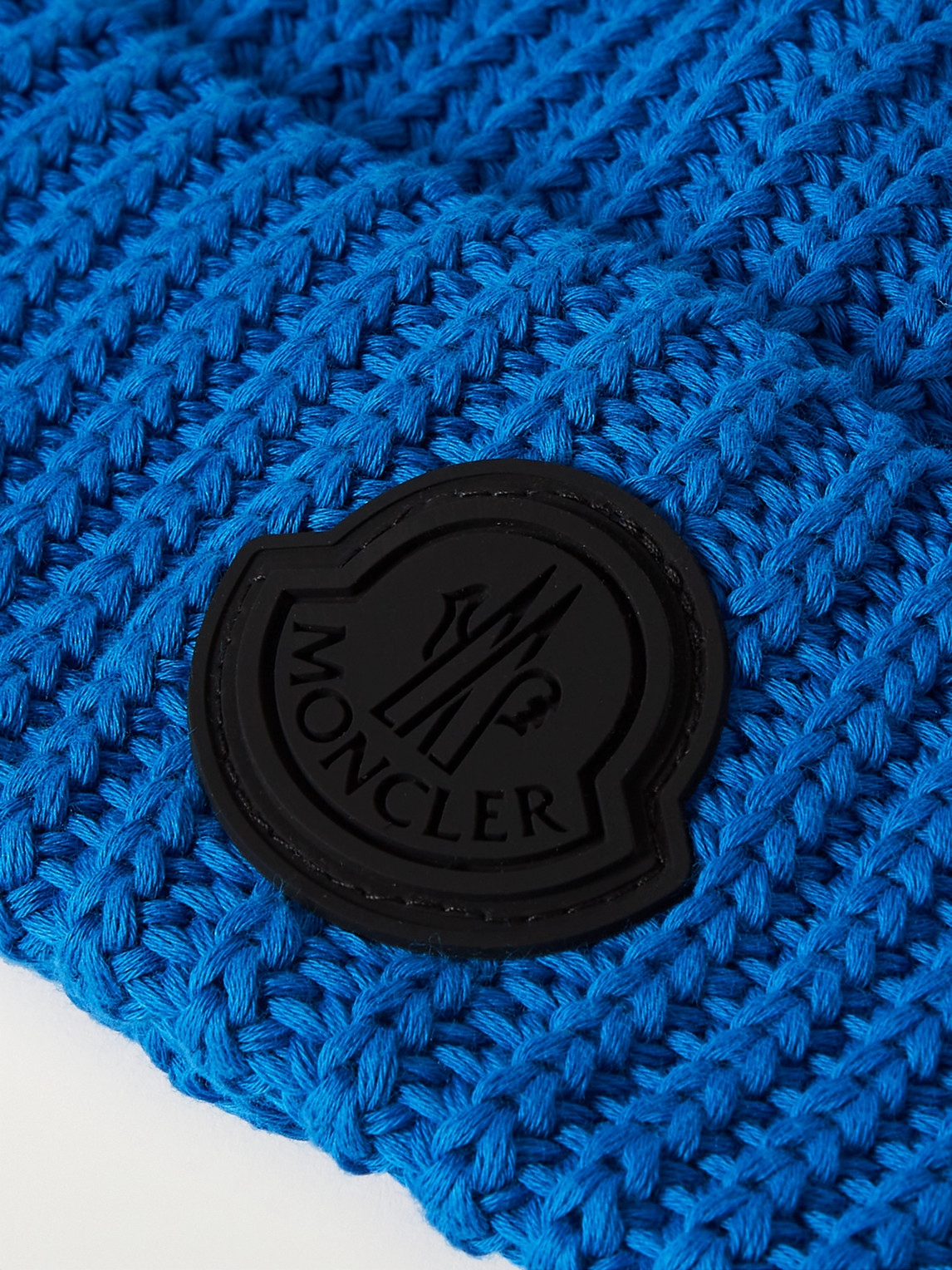 Shop Moncler Logo-appliquéd Ribbed Cotton Beanie In Blue