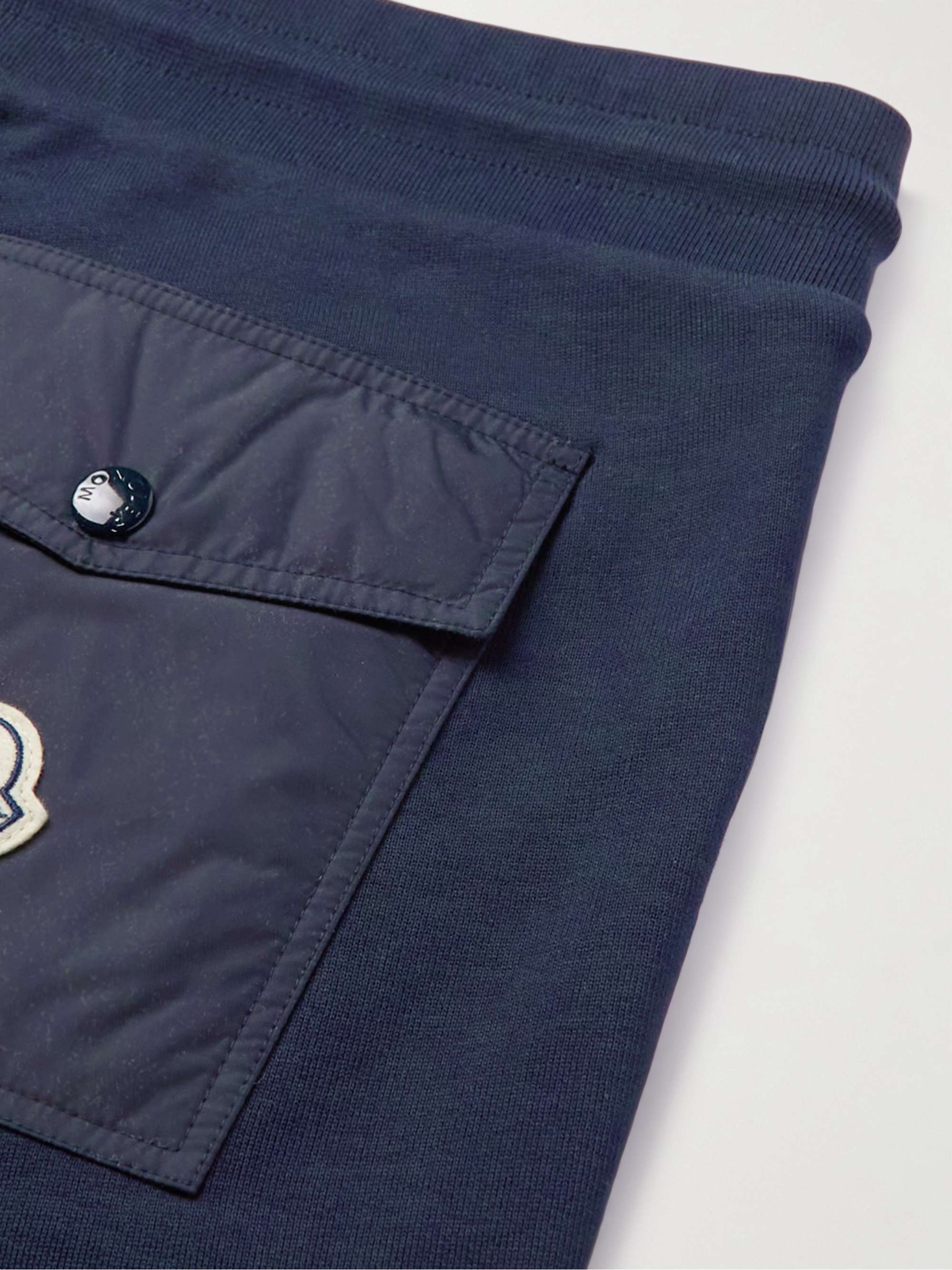 MONCLER Tapered Logo-Appliquéd Shell-Trimmed Cotton-Jersey Sweatpants