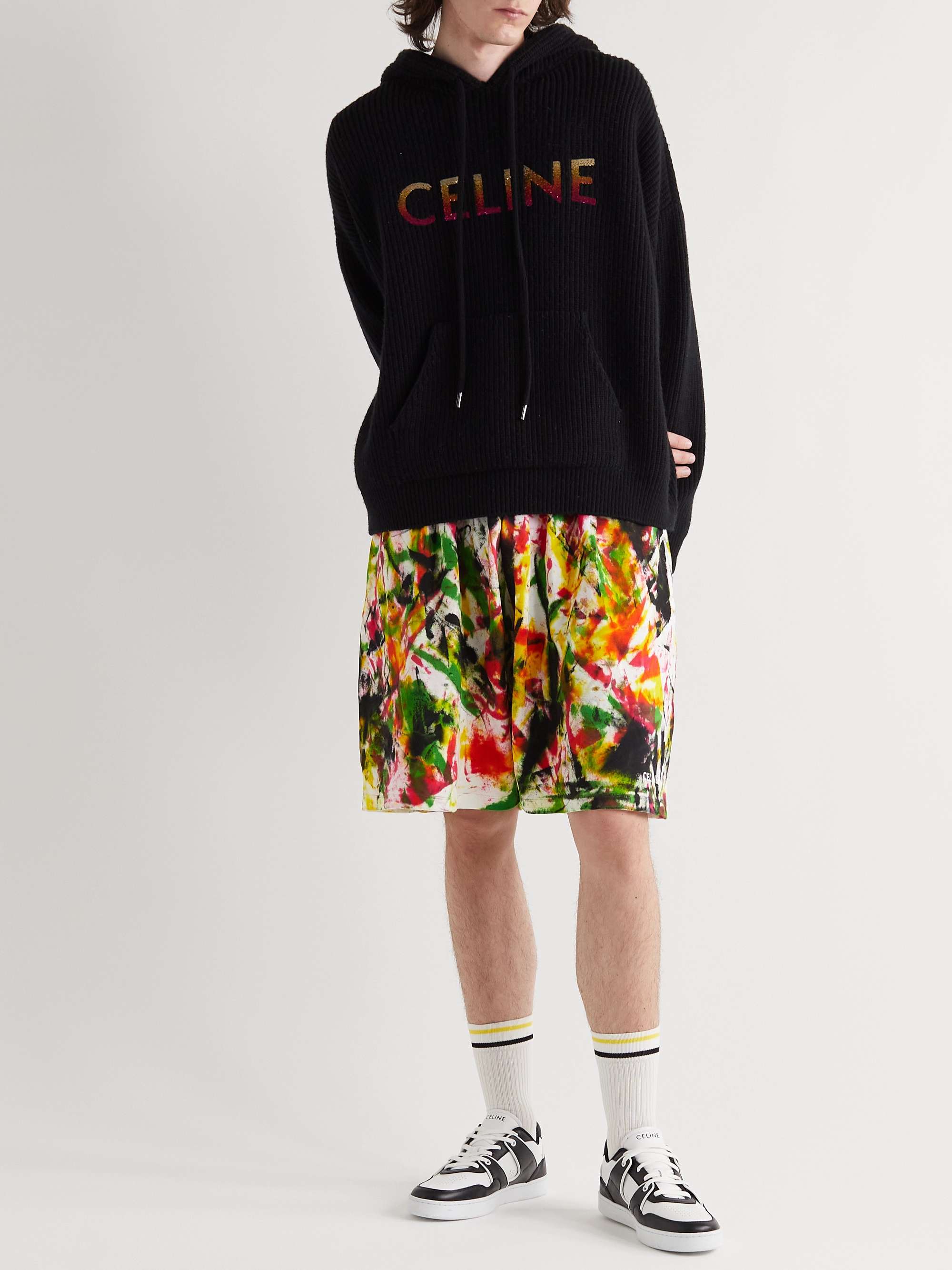 CELINE Wide-Leg Tiger-Print Cotton-Jersey Drawstring Shorts