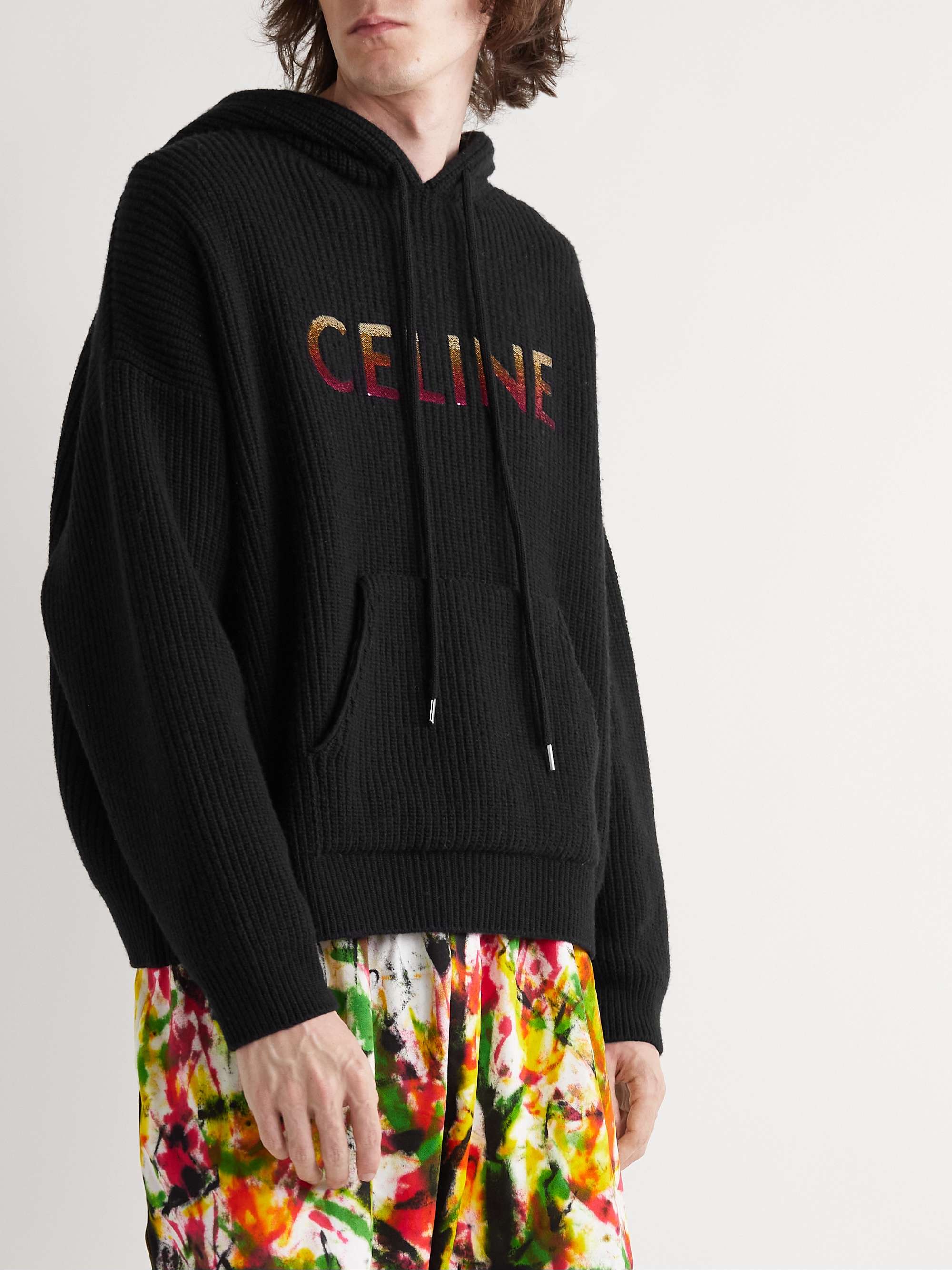 CELINE HOMME Sequin-Embellished Ribbed Wool Hoodie