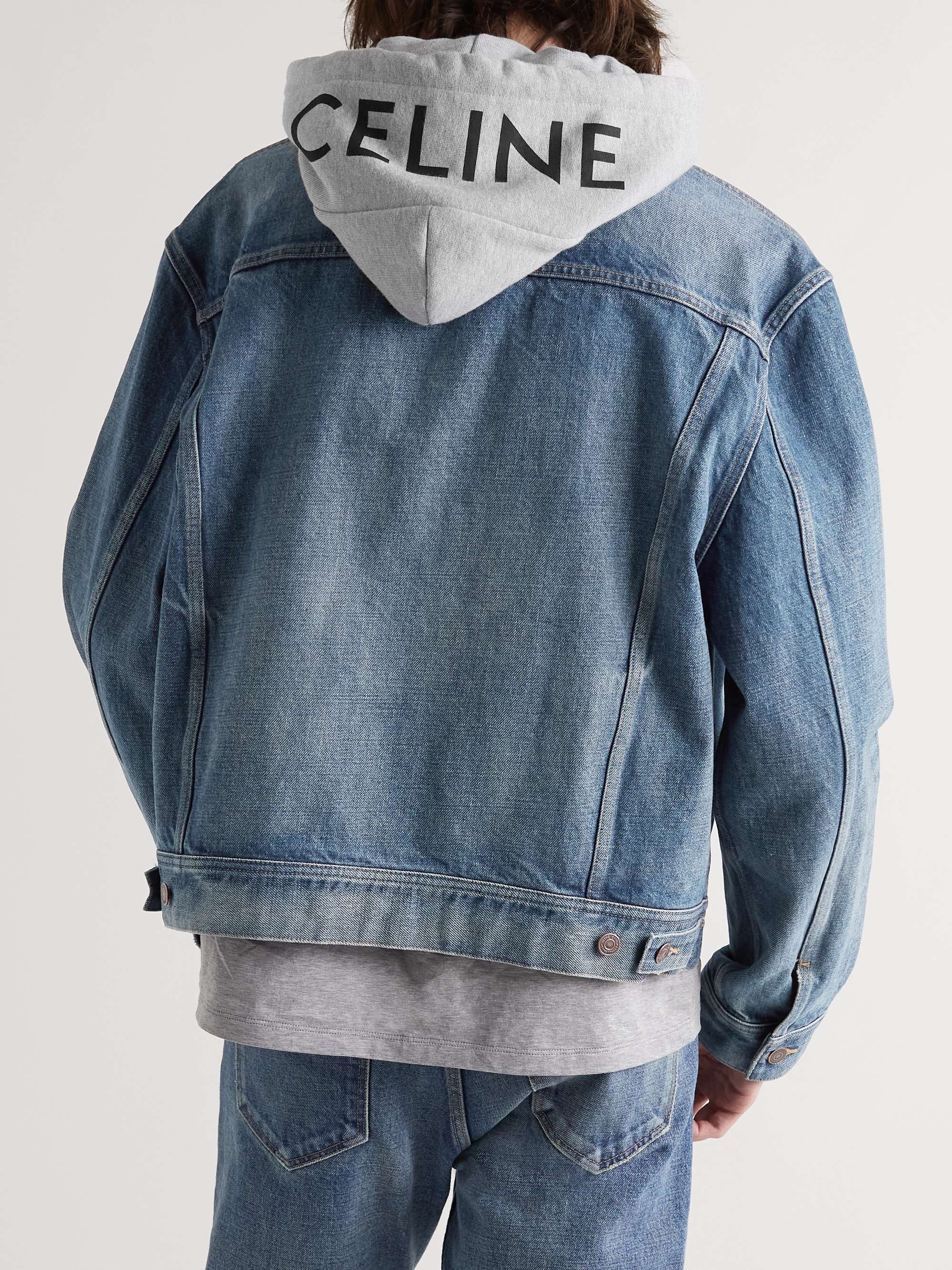 CELINE HOMME Layered Logo-Print Cotton-Jersey and Denim Hooded Jacket