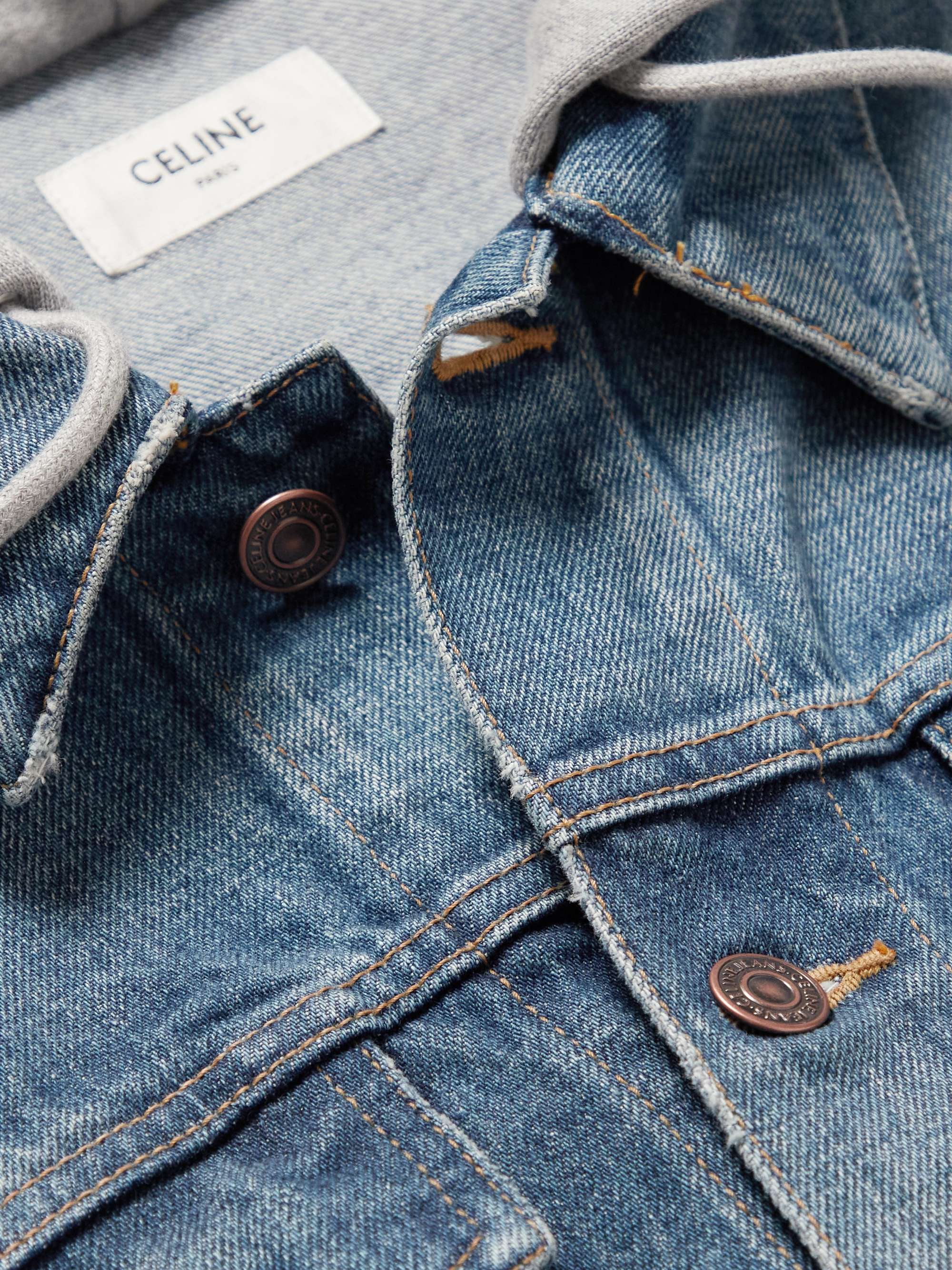 CELINE HOMME Layered Logo-Print Cotton-Jersey and Denim Hooded Jacket