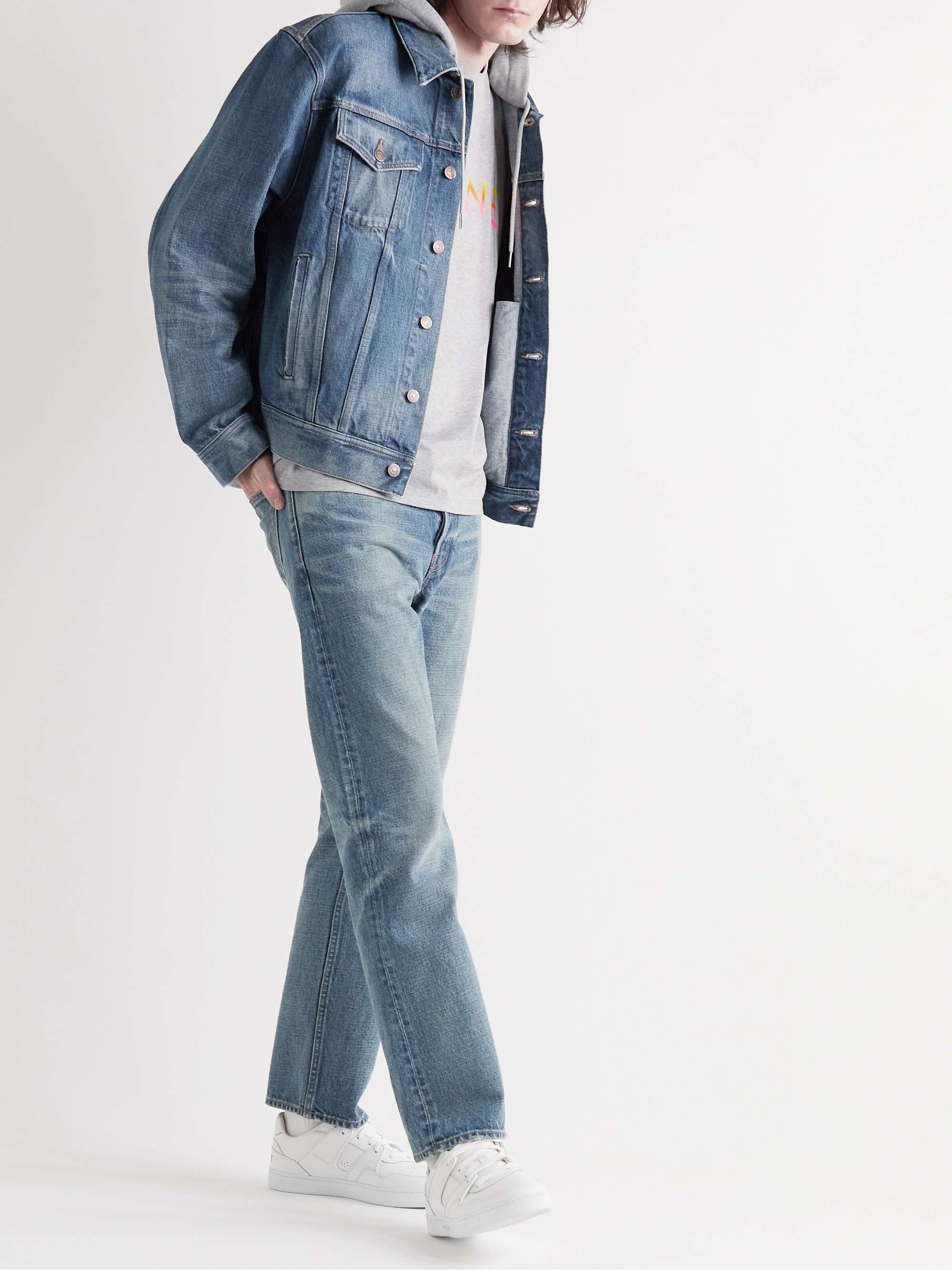 CELINE HOMME Layered Logo-Print Cotton-Jersey and Denim Hooded Jacket