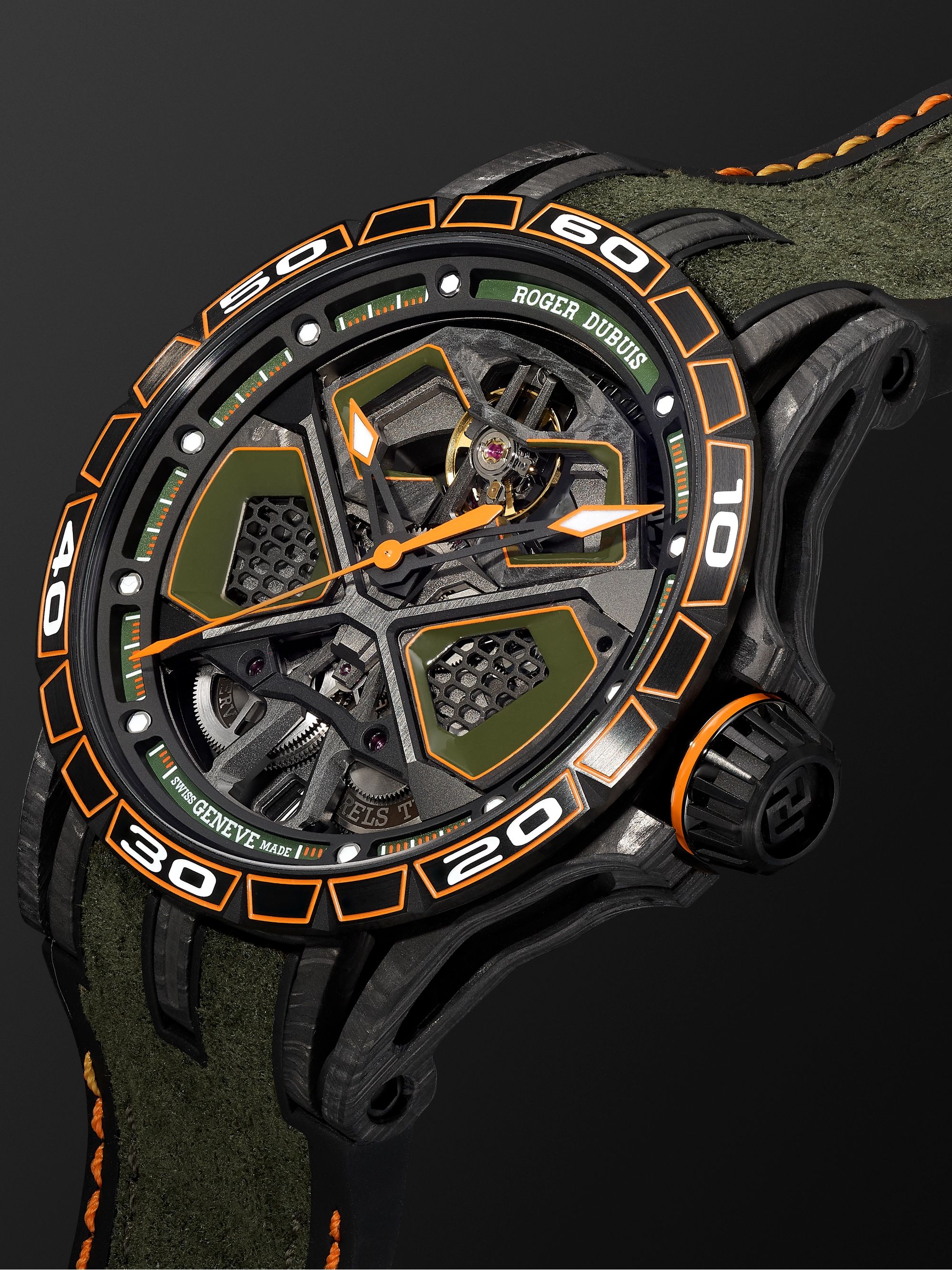 ROGER DUBUIS Excalibur Spider Huracán St Evo 2 Black Carbon SMC Automatic 45mm Titanium and Rubber Watch, Ref. No. EX0972