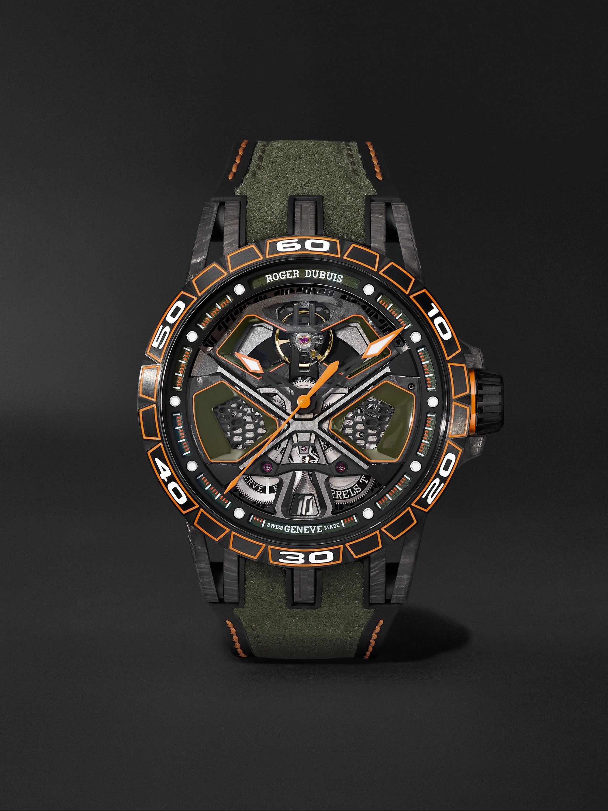 ROGER DUBUIS Excalibur Spider Huracán St Evo 2 Black Carbon SMC Automatic 45mm Titanium and Rubber Watch, Ref. No. EX0972